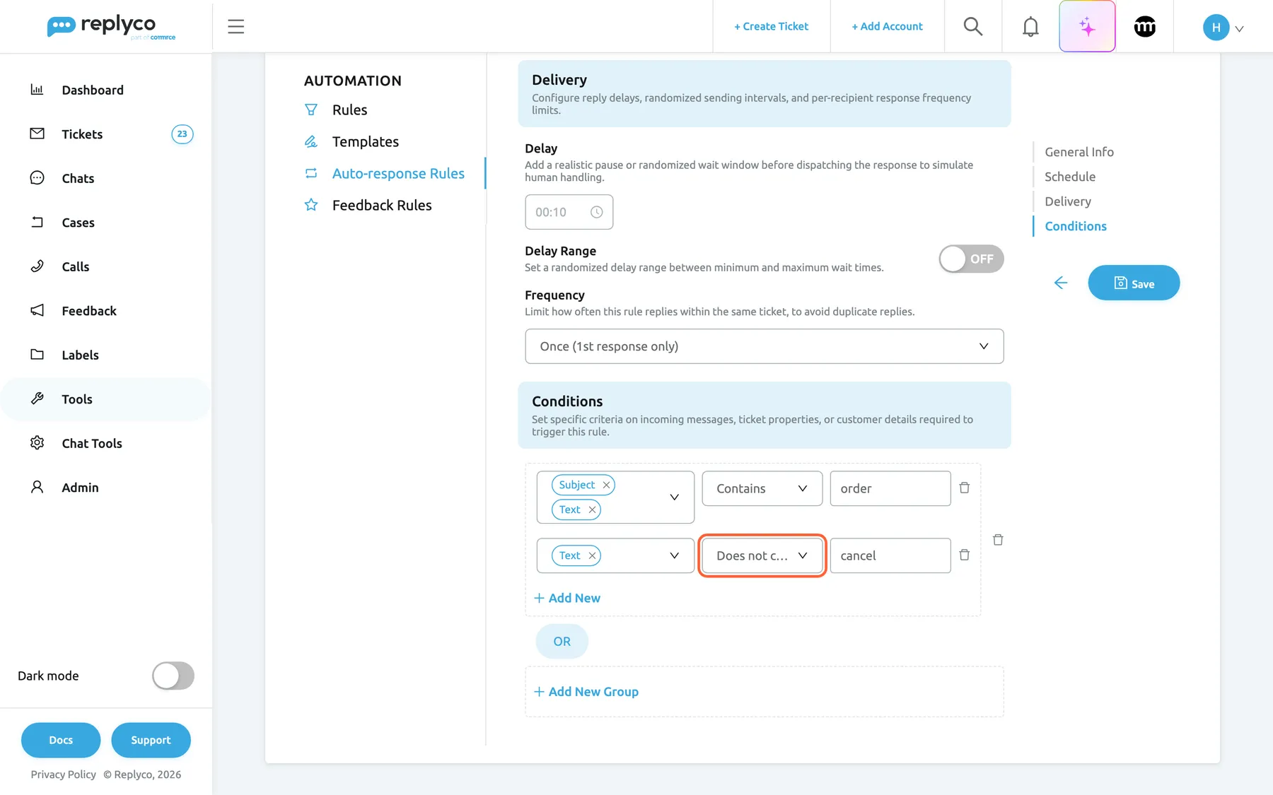 The Conditions section of the Edit Auto-response Rule form for "Order received". One group holds two conditions that must both match: the first has the fields Subject and Text, the comparison Contains and the value "order"; the second has the field Text, the highlighted comparison Does not contain and the value "cancel". So the rule answers a message that mentions an order and does not mention a cancellation. Each condition has a bin icon; the group has Add New and its own bin, followed by OR and Add New Group. Delay 00:10 and Frequency Once show above.