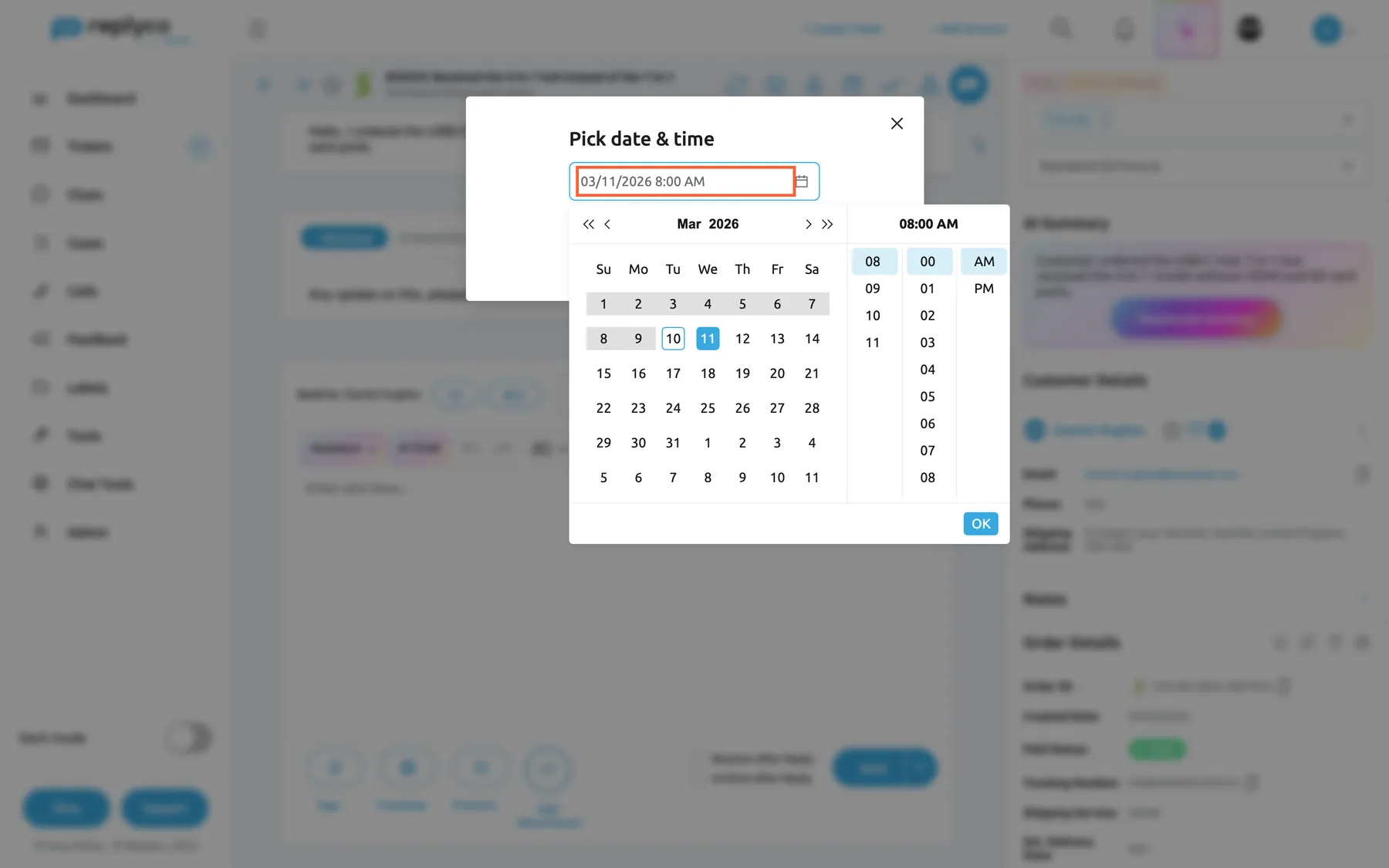 The Pick date & time step of the Choose delaying time window in a Replyco ticket. The highlighted date and time field reads 03/11/2026 8:00 AM, and the calendar below it is open on March 2026 with 11 selected; the days before today, the 10th, are greyed out and cannot be picked. On the right, the hour, minute and AM or PM columns show 08, 00 and AM, with an OK button underneath. The window's Cancel and Send buttons are behind the calendar.