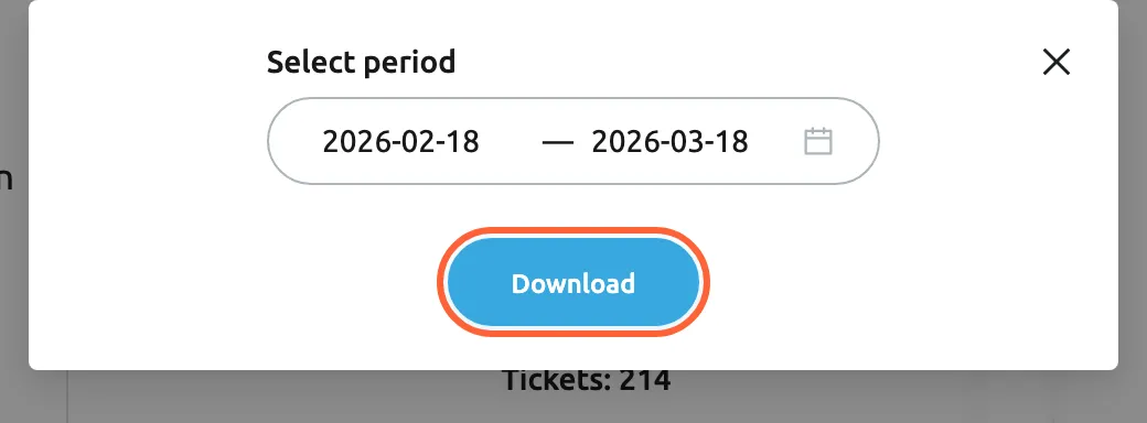 The dialog opened by Download Statistic on the Usage tab of Billing. Under the label Select period, the date range runs from 2026-02-18 to 2026-03-18, the current payment period, with a calendar icon to change it. Below, the blue Download button is highlighted; it saves a spreadsheet of every ticket and chat that received its first reply in the period. A cross at the top right closes the dialog without downloading.