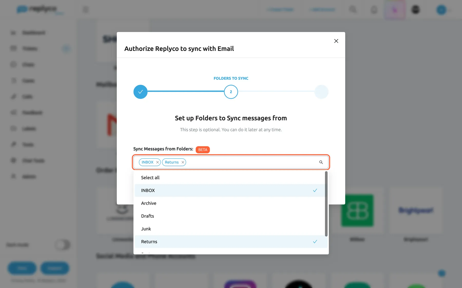 The FOLDERS TO SYNC step, the second of three, in the window Authorize Replyco to sync with Email. Under the heading Set up Folders to Sync messages from, the line This step is optional. You can do it later at any time. The field Sync Messages from Folders: with an orange BETA badge is highlighted; it holds INBOX and Returns, and its list is open below with Select all and the mailbox's top-level folders INBOX, Archive, Drafts, Junk, Returns, Sent and Trash, INBOX and Returns ticked. The Authorize button under the field saves the choice and finishes.
