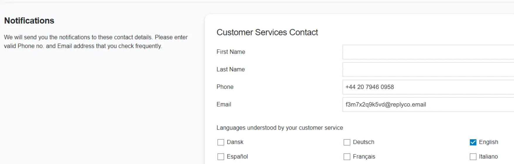 The Notifications section of the Fruugo retailer settings. On the left, Fruugo explains that it sends you notifications to these contact details and asks for a valid phone number and an email address that you check frequently. On the right, the Customer Services Contact form has the fields First Name, Last Name, Phone and Email; Phone holds a sample number, and Email holds the Replyco address, ending in @replyco.email. Below the form, "Languages understood by your customer service" offers Dansk, Deutsch, English, Español, Français and Italiano, with English ticked.