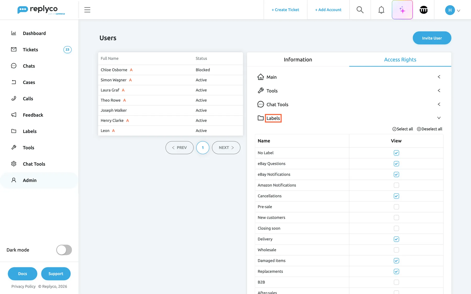 Admin › Users in Replyco with the user Simon Wagner selected in the list on the left and the Access Rights tab open on the right. Of its sections Main, Tools, Chat Tools, Labels, Tickets, Dashboard, Smart Filters and more, the Labels section is expanded and its header highlighted. Above its table are Select all and Deselect all. The table has the columns Name and View: No Label, eBay Questions, eBay Notifications, Cancellations, Delivery, Damaged items and Replacements are ticked; Amazon Notifications, Pre-sale, New customers, Closing soon, Wholesale and B2B are not. Simon therefore sees only tickets without a label or with one of the ticked labels.