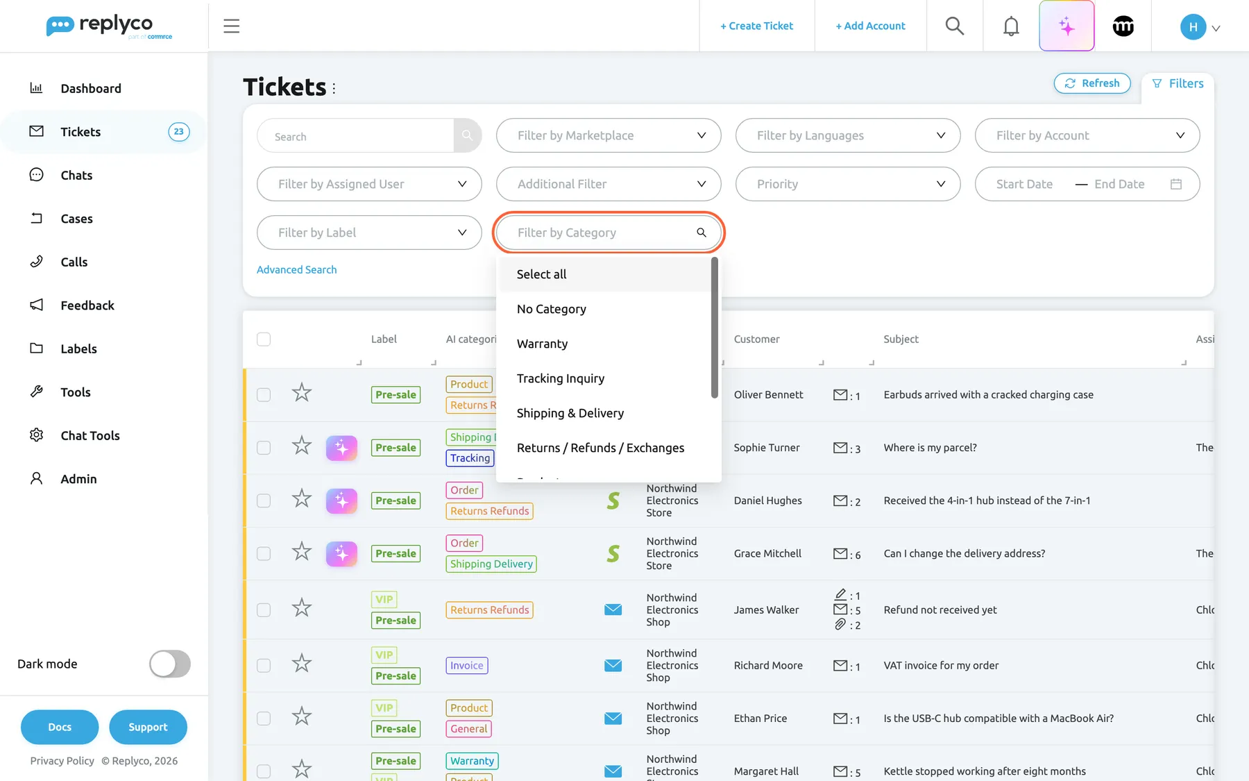 The Not Resolved ticket list in Replyco with the Filters panel open above the table. The panel holds the Search box, Filter by Marketplace, Filter by Languages, Filter by Account, Filter by Assigned User, Additional Filter, Priority, the date range, Filter by Label and Filter by Category. The highlighted Filter by Category drop-down is open and lists Select all, No Category, then the company's categories such as Warranty, Tracking Inquiry, Shipping & Delivery and Returns / Refunds / Exchanges, with more below. Choosing categories narrows the list to tickets that have any of them.