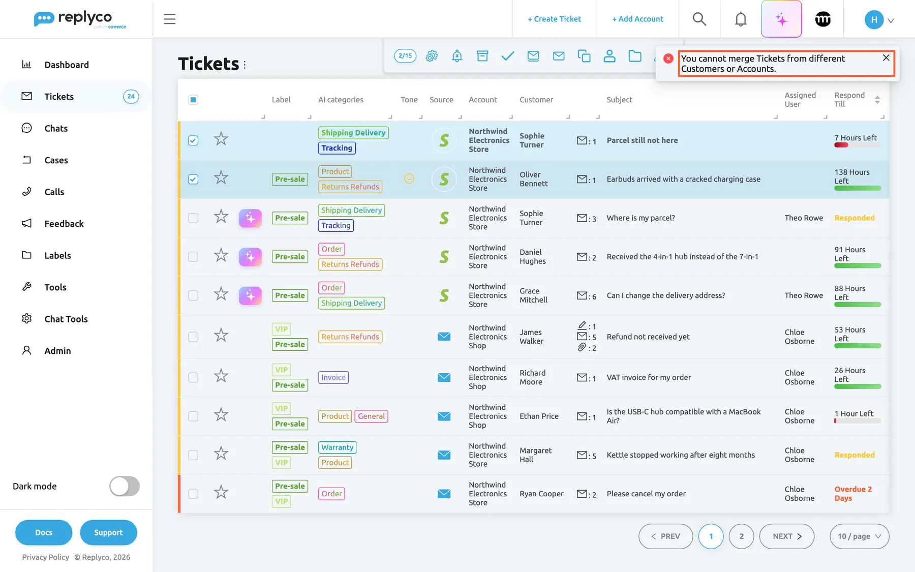 The Not Resolved ticket list in Replyco with two tickets from different customers on Northwind Electronics Store still ticked: "Parcel still not here" from Sophie Turner and "Earbuds arrived with a cracked charging case" from Oliver Bennett. After Yes was selected in the merge confirmation, a red error message appeared at the top right, partly over the bulk action bar, and is highlighted: "You cannot merge Tickets from different Customers or Accounts." Both tickets are still in the list with their own subjects; nothing was merged and nothing was sent to the server.