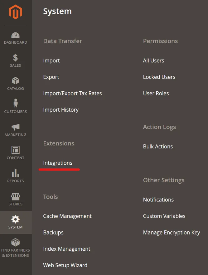 The System menu of the Magento 2 admin, opened from SYSTEM in the dark left-hand bar, below Dashboard, Sales, Catalog, Customers, Marketing, Content, Reports and Stores. The menu groups its pages under Data Transfer, Extensions, Tools, Permissions, Action Logs and Other Settings. Under Extensions, Integrations is underlined in red; it opens the list of your store's integrations, where you add the one for Replyco.