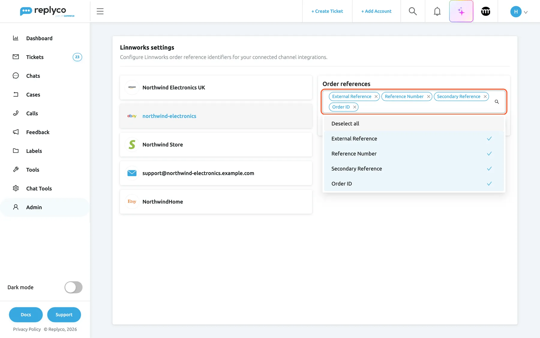 The Linnworks settings screen. On the left, the channel accounts of Northwind Electronics: Northwind Electronics UK (Amazon), northwind-electronics (eBay, selected), Northwind Store (Shopify), support@northwind-electronics.example.com (mailbox) and NorthwindHome (Etsy). On the right, the card Order references for the eBay account with its field highlighted and open: Deselect all, then External Reference, Reference Number, Secondary Reference and Order ID, all four ticked. Save Changes sits under the list.