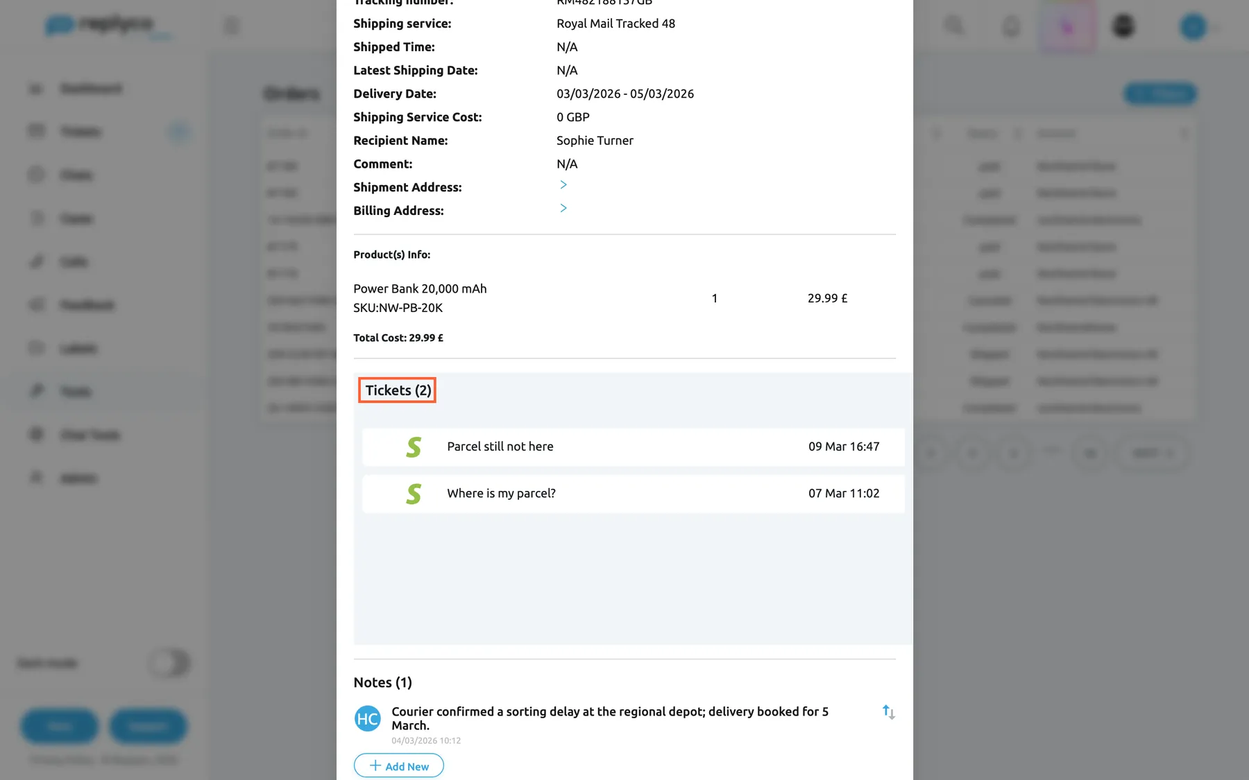The Order Details window of Shopify order #1176, scrolled down. Product(s) Info lists one Power Bank 20,000 mAh with SKU NW-PB-20K, quantity 1 and 29.99 £, and Total Cost: 29.99 £. The highlighted heading Tickets (2) lists the two tickets linked to the order, each with the Shopify icon and its date: "Parcel still not here" (09 Mar 16:47) and "Where is my parcel?" (07 Mar 11:02). Selecting one opens the ticket. Below, Notes (1) shows an order note by Henry Clarke about a courier delay, with the Add New button.