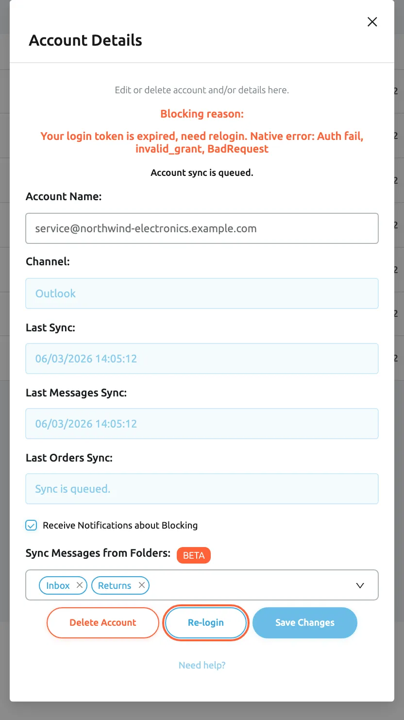 The Account Details dialog of the Outlook account service@northwind-electronics.example.com after Microsoft refused to renew its login. In red under the description it shows Blocking reason: Your login token is expired, need relogin, followed by Microsoft's native error. Last Sync: and Last Messages Sync: show 06/03/2026 14:05:12, the last sync before the block, and the folders Inbox and Returns stay chosen. At the bottom, between Delete Account and Save Changes, the Re-login button is highlighted; selecting it opens Microsoft's sign-in again in a new browser tab.