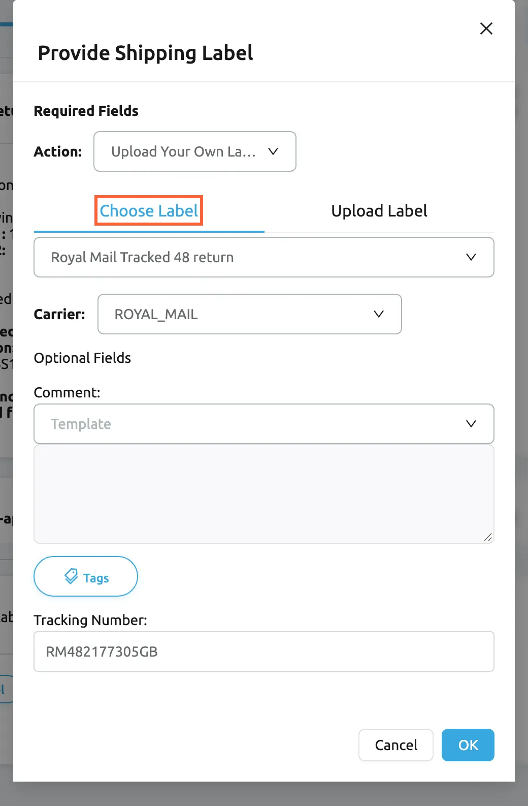 The Provide Shipping Label dialog of the eBay return 5301846219 in Replyco. Under Required Fields, Action is set to Upload Your Own Label; below it the tab Choose Label is highlighted and selected, next to Upload Label, and its list shows "Royal Mail Tracked 48 return" from the Shipping Labels library. Carrier is set to ROYAL_MAIL. Under Optional Fields are Comment with a Template list and Tags, and Tracking Number with RM482177305GB. OK uploads the chosen label image to eBay for the buyer; Upload Label takes a file from your computer instead.