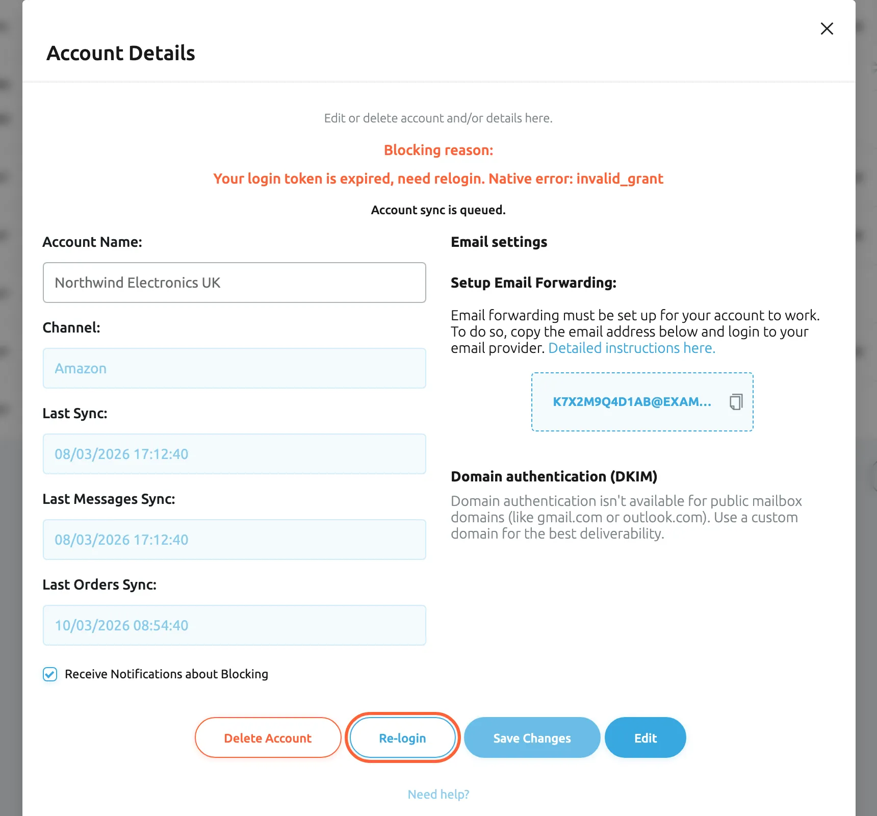 The Account Details dialog of the blocked Amazon account Northwind Electronics UK. Under the description, red text after "Blocking reason:" says the login token is expired and a new login is needed. The account's fields and the Email settings column follow. At the bottom, next to Delete Account, the Re-login button is highlighted; it opens Amazon Seller Central to sign in again. Save Changes is pale because nothing was changed.