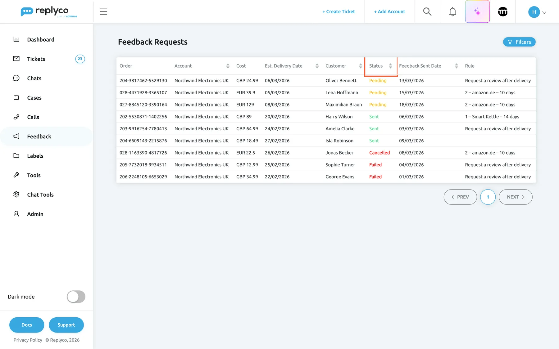 The Feedback Requests screen under Feedback, with a Filters button in the top right corner and a table of nine requests of the account "Northwind Electronics UK". The columns are Order, Account, Cost, Est. Delivery Date, Customer, Status (highlighted), Feedback Sent Date and Rule. Three requests are Pending in yellow, for example order 204-3817462-5529130 of Oliver Bennett, due 13/03/2026 by "Request a review after delivery"; three are Sent in green, one of them without a rule; one is Cancelled and two are Failed, in red.