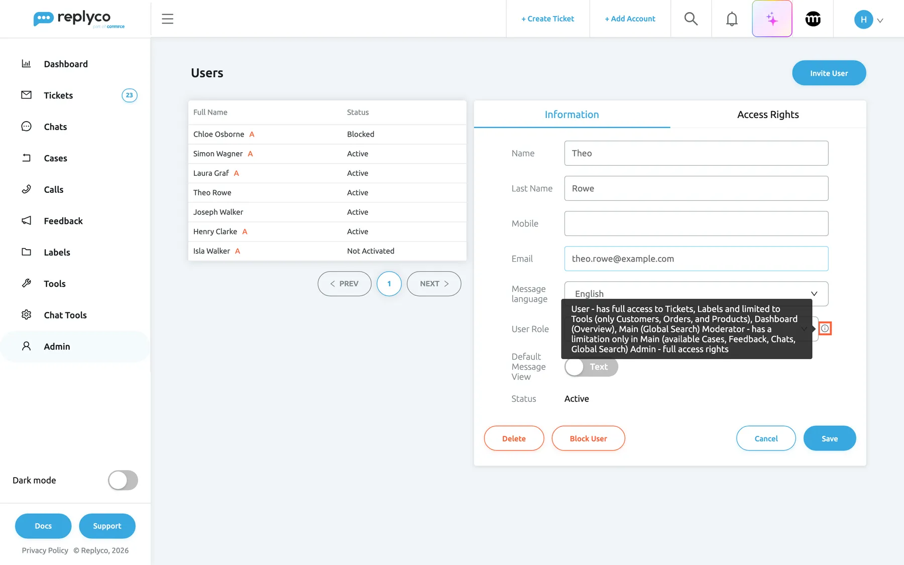 The Information tab of Theo Rowe on the Users screen, with the pointer on the information icon after the User Role drop-down. The highlighted icon has opened its tooltip, which covers the drop-down and explains the three roles: User has full access to Tickets and Labels and limited access to Tools (only Customers, Orders and Products), Dashboard (Overview) and Main (Global Search); Moderator has a limitation only in Main (Cases, Feedback, Chats and Global Search available); Admin has full access rights.