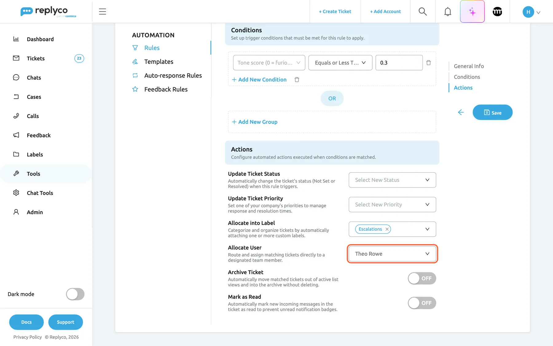 The Actions section of the Edit Rule form for "Escalations". Update Ticket Status shows its placeholder Select New Status and Update Ticket Priority shows Select New Priority, so neither is changed. Allocate into Label holds the label "Escalations" with a cross to remove it. The highlighted Allocate User select shows "Theo Rowe", the colleague every matching ticket is assigned to. Archive Ticket and Mark as Read are switches, both OFF. Each action has a short description on the left.