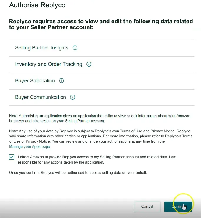 The authorisation page that Amazon opens in Seller Central after you select Authorize in Replyco and sign in. Its heading reads "Authorise Replyco", and it lists the data of your Selling Partner account the application asks to view and edit: Selling Partner Insights, Inventory and Order Tracking, Buyer Solicitation and Buyer Communication. Below Amazon's notes, the check box "I direct Amazon to provide Replyco access to my Selling Partner account and related data" is ticked, and the pointer is on the Confirm button at the bottom right, next to Cancel.