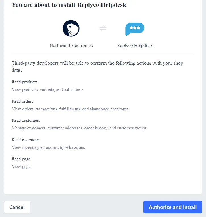 The Shopline page "You are about to install Replyco Helpdesk", which your Shopline store admin shows in the new tab once you are signed in. Your shop and Replyco Helpdesk appear side by side with their logos. Shopline lists the actions the app may perform with your shop data, each with a short description: Read products, Read orders, Read customers, Read inventory and Read page. Cancel is at the bottom left and the Authorize and install button at the bottom right.