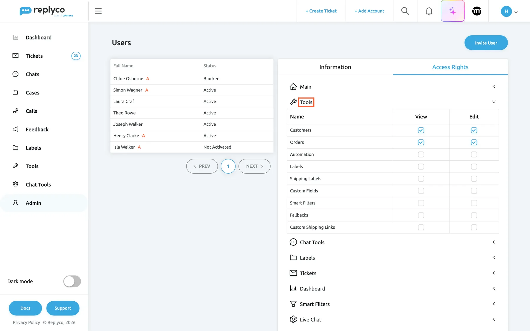 Joseph Walker's Access Rights tab on the Users screen. Joseph has the User role. The Main section is collapsed and the Tools section below it is highlighted and expanded, with the columns Name, View and Edit. Customers and Orders have Edit ticked, with View ticked and locked. Automation, Labels, Shipping Labels, Custom Fields, Smart Filters, Fallbacks and Custom Shipping Links have no box ticked, so those tools do not appear in his Tools menu. Chat Tools and the other sections are collapsed below.