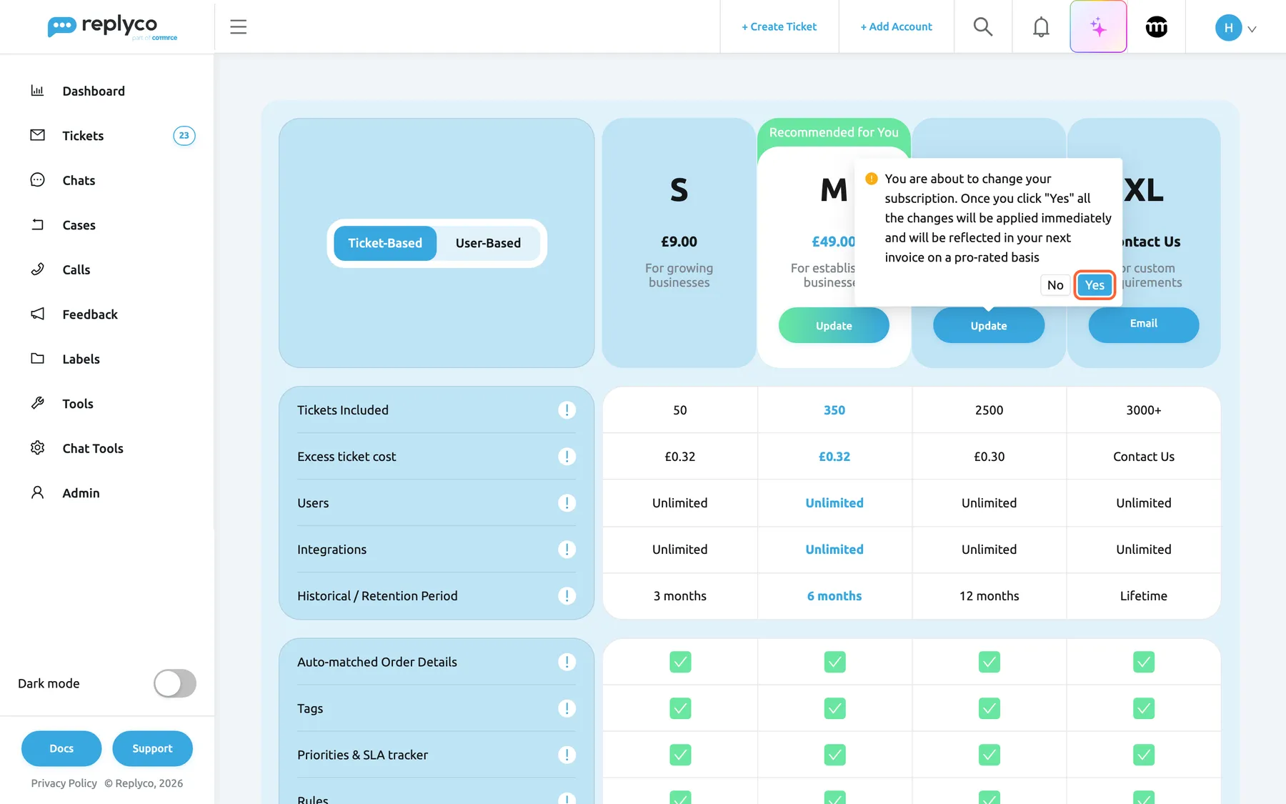 The plan comparison for a company on the M plan. S has no button; M and L have Update buttons and XL its Email button. Update under L was selected, and a confirmation reads "You are about to change your subscription. Once you click "Yes" all the changes will be applied immediately and will be reflected in your next invoice on a pro-rated basis" with No and Yes; Yes is highlighted. Yes moves the company to L at once; No leaves the plan as it is. The rows Tickets Included and Excess ticket cost are visible below.