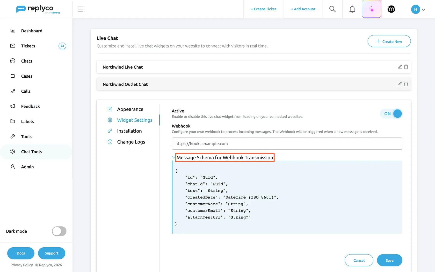 The Widget Settings tab of the Northwind Outlet Chat widget. Active is ON and the Webhook field holds https://hooks.example.com. The highlighted Message Schema for Webhook Transmission is expanded and shows a JSON example with id and chatId (Guid), text, createdDate (DateTime, ISO 8601), customerName, customerEmail and attachmentUrl (String, may be empty). Cancel and Save are at the bottom right.