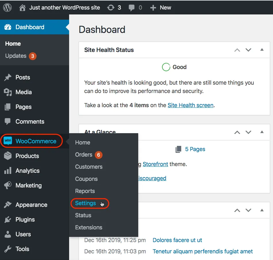 The WordPress admin dashboard of a store, opened by adding wp-admin to the end of the website's address. The left-hand menu lists Dashboard, Posts, Media, Pages, Comments, WooCommerce, Products, Analytics, Marketing, Appearance, Plugins, Users and Tools. WooCommerce is outlined in red and its sub-menu is open: Home, Orders, Customers, Coupons, Reports, Settings, Status and Extensions. The pointer is on Settings, also outlined in red, which opens the WooCommerce settings with the Advanced tab.