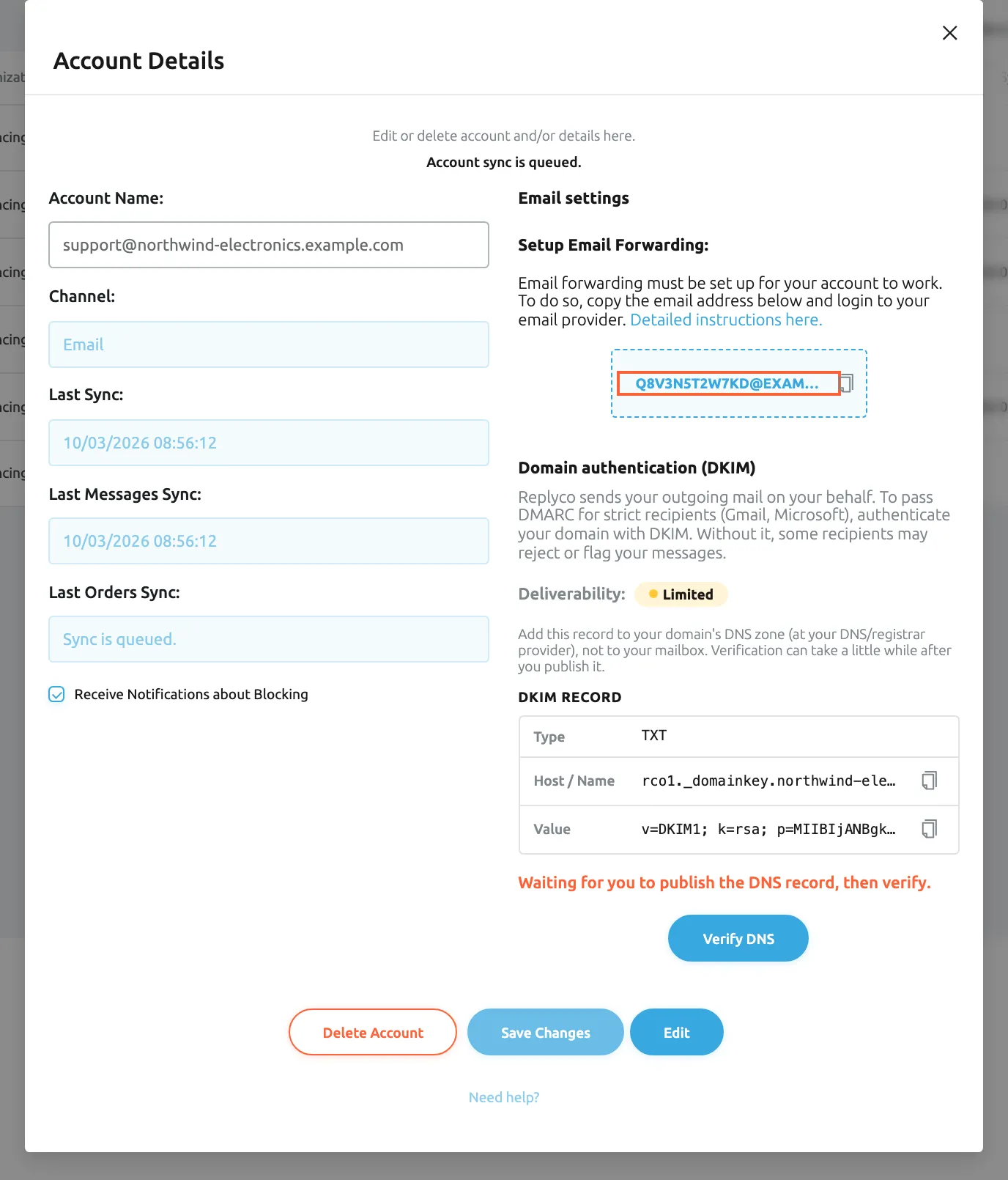 The Account Details window of the Email account support@northwind-electronics.example.com, opened from Admin › Accounts. The left column shows Account Name, Channel Email, the last sync times and the ticked box Receive Notifications about Blocking. The right column, Email settings, starts with Setup Email Forwarding: and a dashed box with the forwarding address q8v3n5t2w7kd@example.com, which is highlighted; selecting it copies the address. Below, Domain authentication (DKIM) shows Deliverability: Limited, the DKIM record and Verify DNS. At the bottom are Delete Account, Save Changes and Edit.