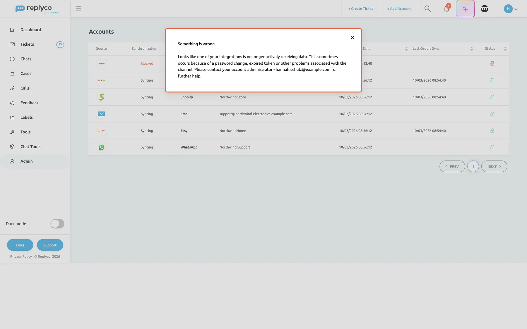 A window open over the Accounts screen of Replyco, which is greyed out behind it; the Amazon account's padlock in the Status column is red and the bell in the top bar shows a red 1. The highlighted window reads "Something is wrong." and "Looks like one of your integrations is no longer actively receiving data. This sometimes occurs because of a password change, expired token or other problems associated with the channel. Please contact your account administrator - hannah.schulz@example.com for further help." The cross in its top right corner closes it.