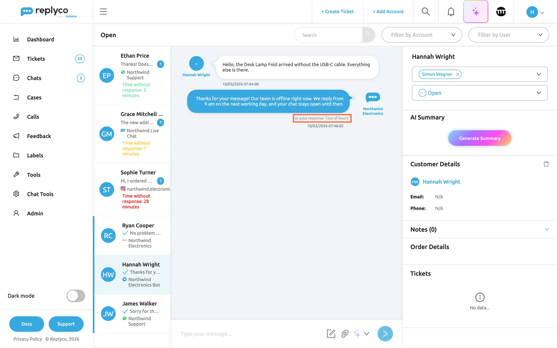 A Telegram chat with Hannah Wright open under Chats, Open in Replyco. Her message from 07:44 says the Desk Lamp Fold arrived without the USB-C cable. On the right, in blue, the reply "Thanks for your message! Our team is offline right now..." with the Replyco logo and Northwind Electronics as sender, sent at 07:46:02. The highlighted grey line under it reads "as auto-response “Out of hours”". In the list, her row shows the same reply with a blue tick, and the side panel shows Simon Wagner as assignee.