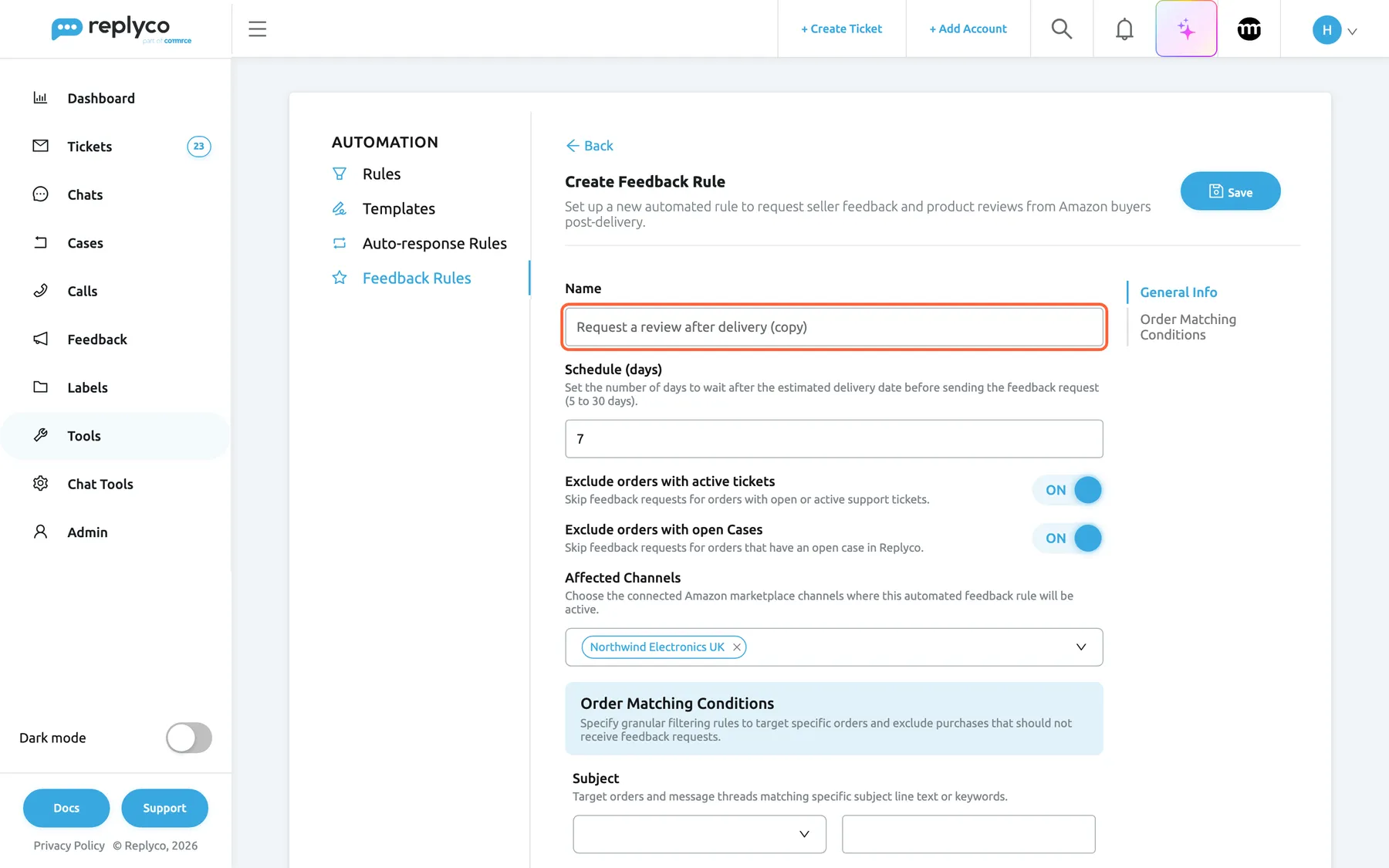 The form after selecting Copy on the rule "Request a review after delivery". The highlighted Name field holds "Request a review after delivery (copy)". Everything else is copied from the original: Schedule (days) 7, Exclude orders with active tickets ON, Exclude orders with open Cases ON and Affected Channels with "Northwind Electronics UK". Back and Save sit at the top; the contents list on the right links General Info and Order Matching Conditions.