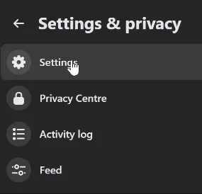 The "Settings & privacy" submenu of Facebook's profile menu, in dark mode, with a back arrow next to the heading. It lists four entries: "Settings", with the pointer on it, "Privacy Centre", "Activity log" and "Feed". Select Settings to open the page's settings, where you then search for Page access, the list of people who manage the page.