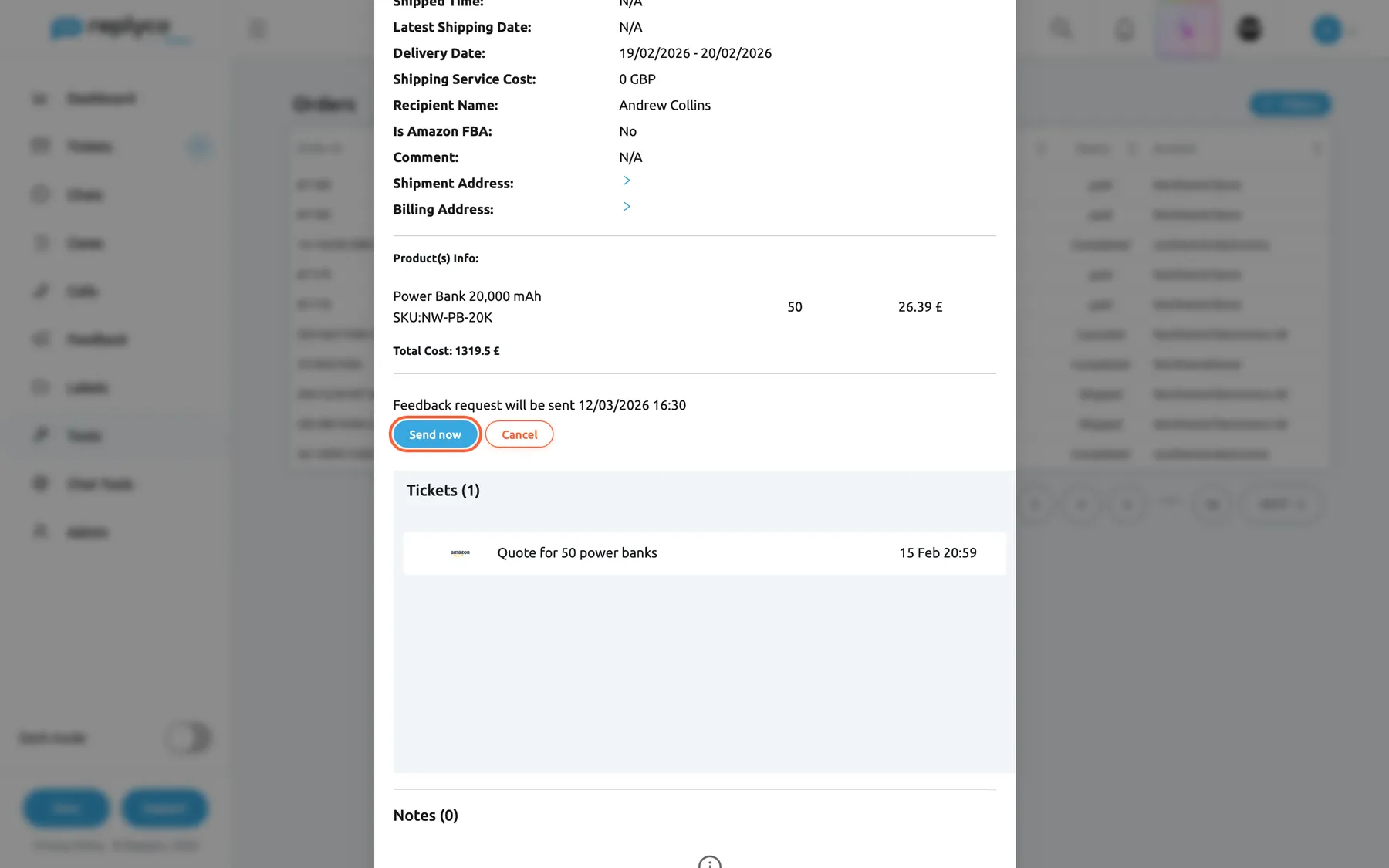 The Order Details window of Amazon order 204-5530187-6649102 of Andrew Collins, scrolled down. Product(s) Info lists 50 Power Bank 20,000 mAh at 26.39 £ each. Under the products the line reads "Feedback request will be sent 12/03/2026 16:30", followed by the highlighted Send now button and a red Cancel button. Send now asks Amazon to send its review request straight away; Cancel stops the request. Below, Tickets (1) lists "Quote for 50 power banks" with the Amazon icon.
