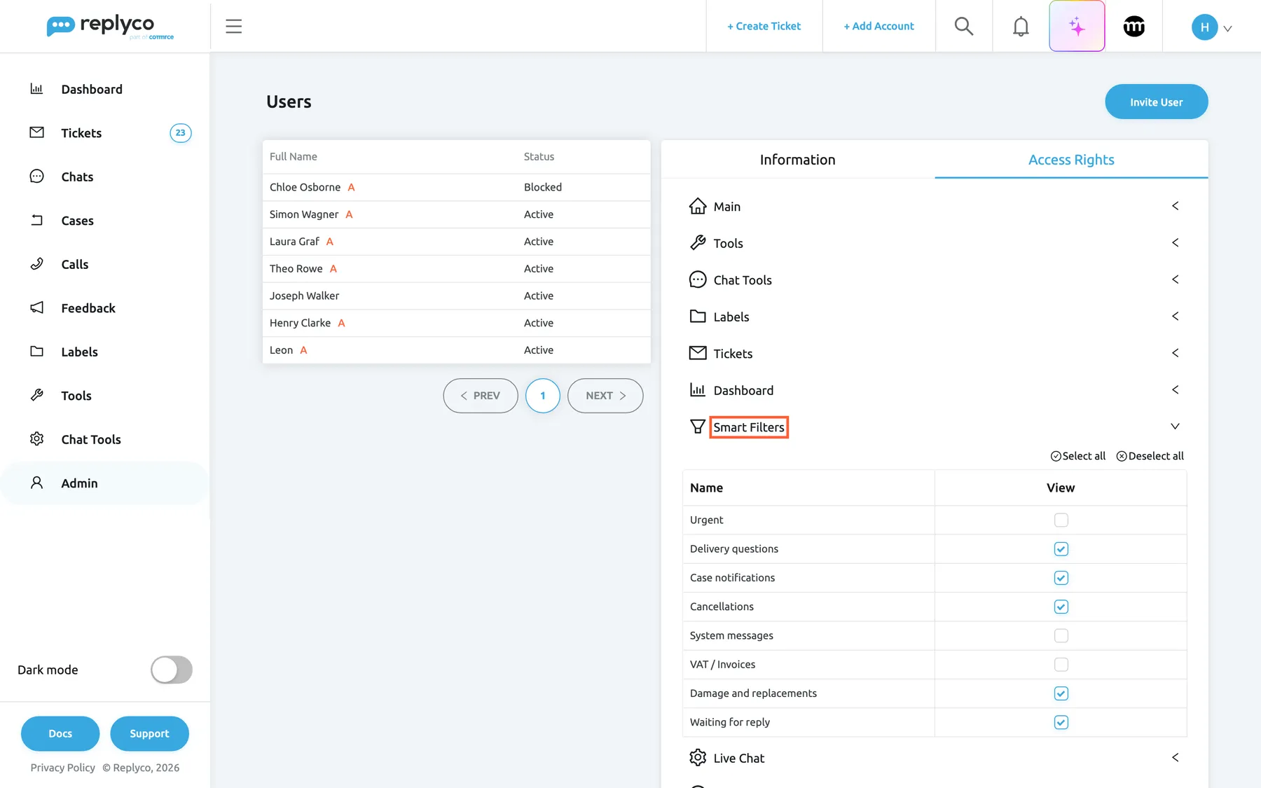 Admin › Users in Replyco with Simon Wagner selected and the Access Rights tab open, where the Smart Filters section is expanded under Main, Tools, Chat Tools, Labels, Tickets and Dashboard; its header is highlighted. Its table lists every Smart Filter of the company with a tick box: Delivery questions, Case notifications, Cancellations, Damage and replacements and Waiting for reply are ticked; Urgent, System messages and VAT / Invoices are not. Select all and Deselect all sit above the table. Only the ticked filters appear as cards on Simon's Smart Filters screen.