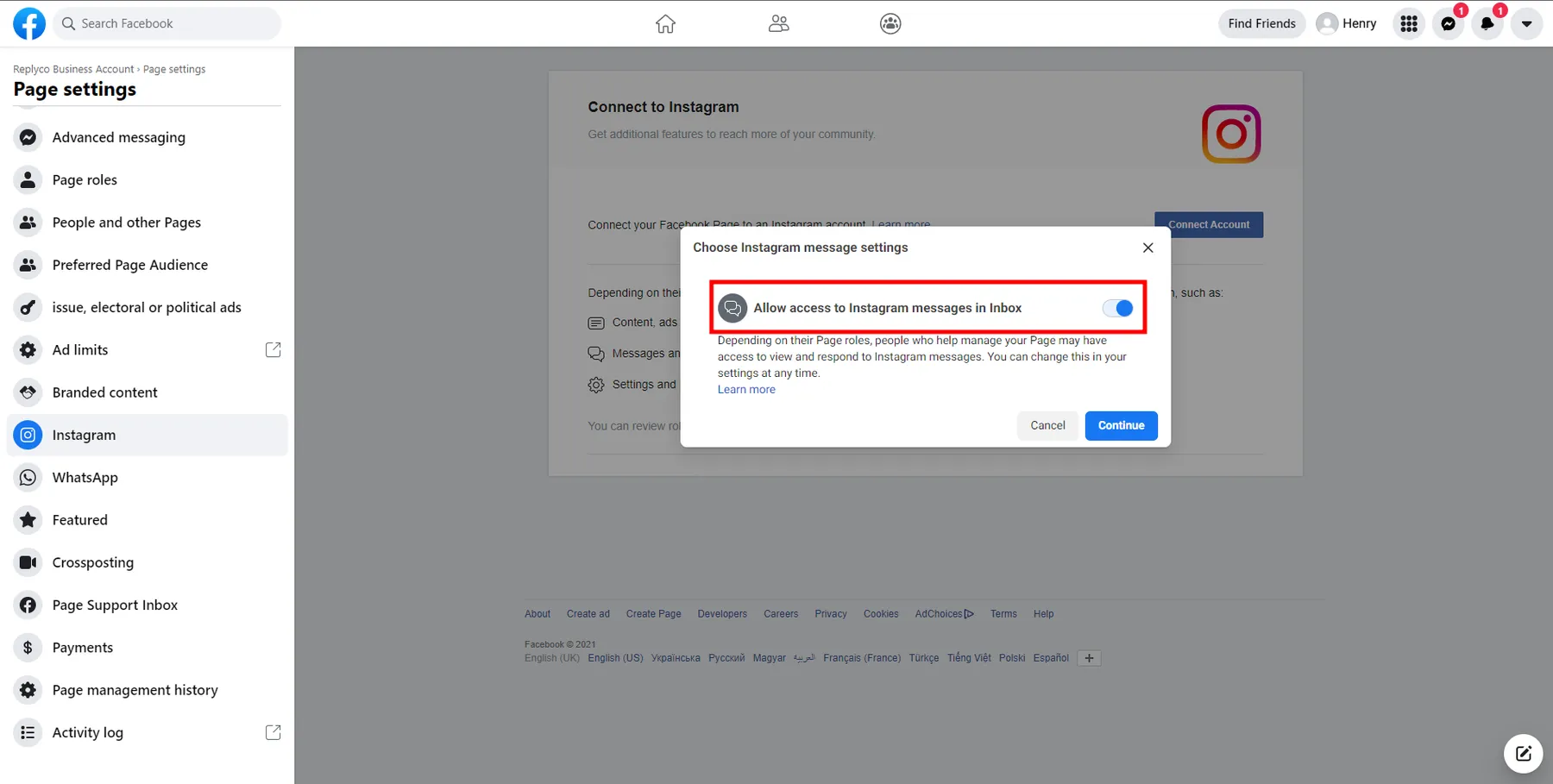 The window "Choose Instagram message settings" over Facebook's Page settings, on the Instagram tab. The switch "Allow access to Instagram messages in Inbox" is on and framed in red. The text below says that, depending on their Page roles, people who help manage your Page may have access to view and respond to Instagram messages, and that you can change this at any time. "Cancel" and the blue "Continue" button close the window; keep the switch on and select Continue.