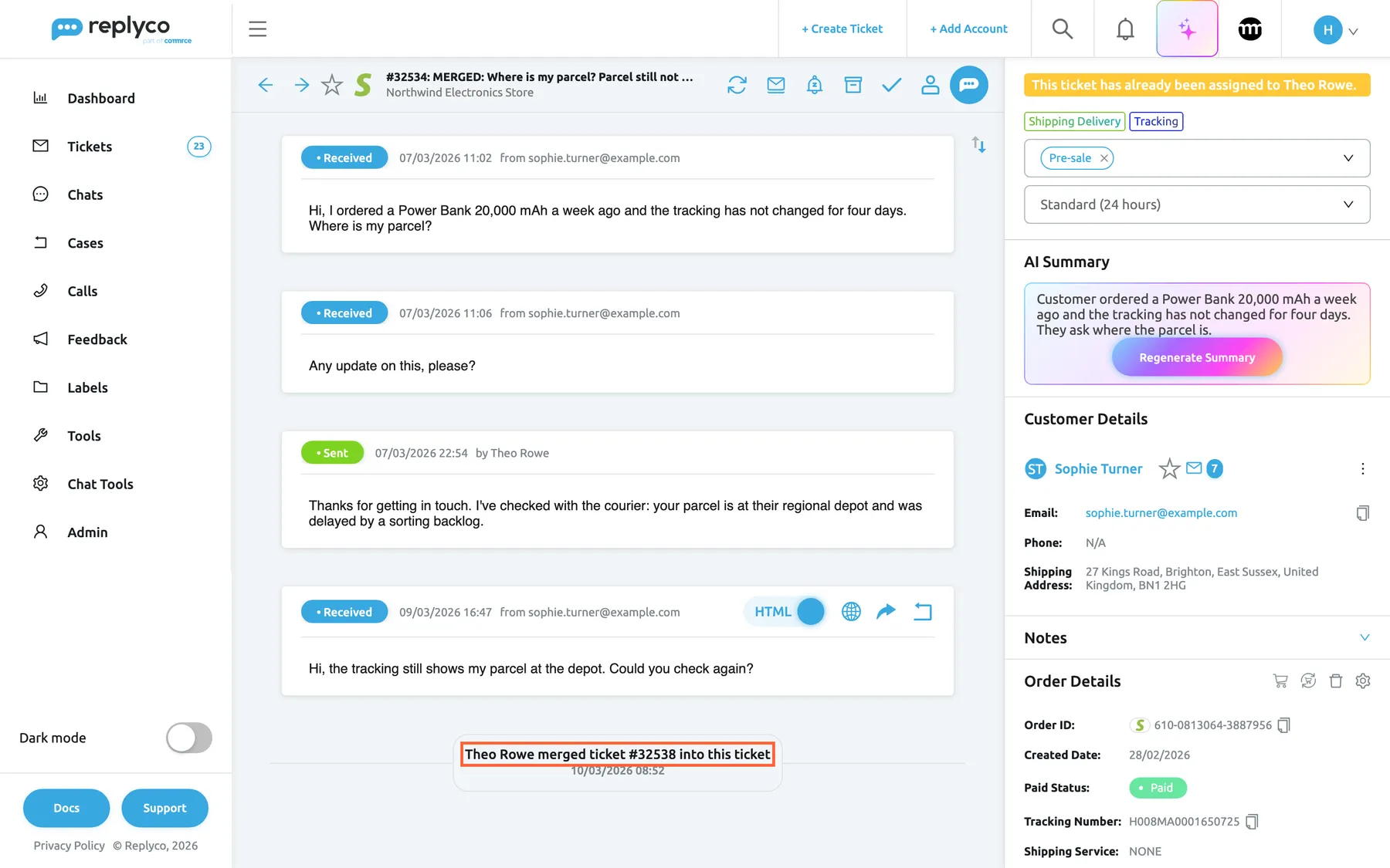 Ticket #32534 in Replyco after a merge. The header reads "#32534: MERGED: Where is my parcel? Parcel still not …" above the account Northwind Electronics Store. The conversation shows Sophie Turner's two messages of 07/03/2026, Theo Rowe's reply at 22:54 and, last, her message of 09/03/2026 16:47 that came from the merged ticket: "Hi, the tracking still shows my parcel at the depot. Could you check again?" Below it a grey history row is highlighted: "Theo Rowe merged ticket #32538 into this ticket", dated 10/03/2026 08:52. The right panel keeps this ticket's label Pre-sale, its priority Standard (24 hours), its assignee and its older AI summary.