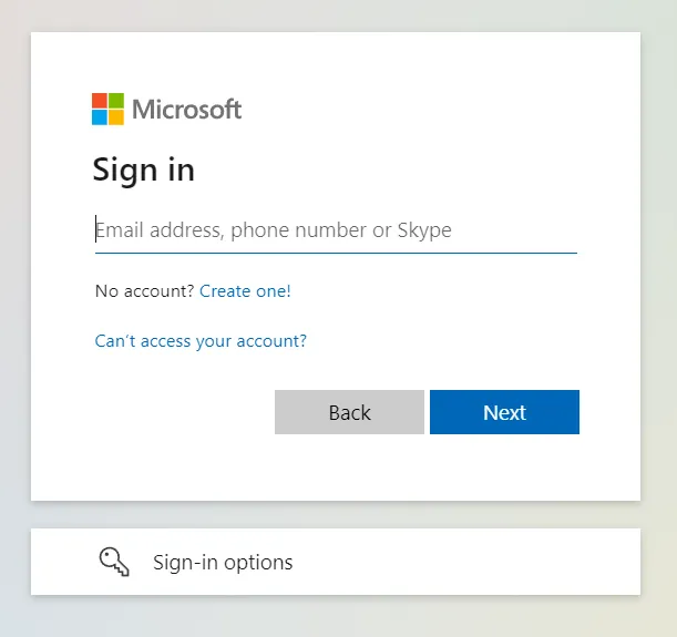 Microsoft's Sign in page, which opens in a new browser tab when you select Authorize in Replyco. Under the Microsoft logo, the field Email address, phone number or Skype waits for the address of the mailbox you want to connect. Below it are the links No account? Create one! and Can't access your account?, the buttons Back and Next, and a separate Sign-in options box. Next leads to the password and, where your organisation requires it, a second sign-in step.