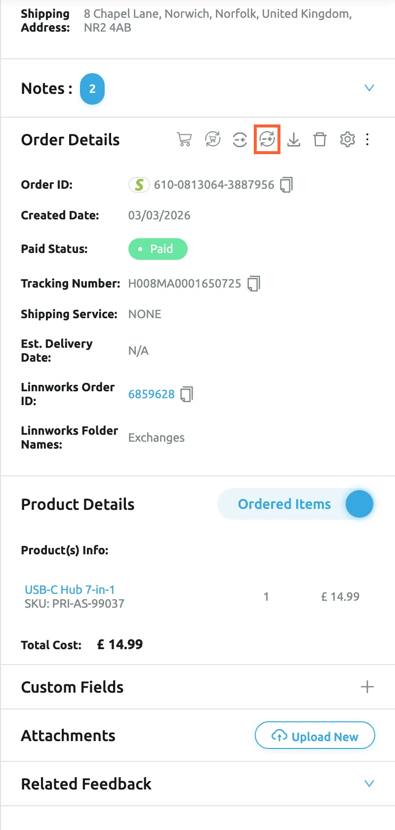 The right panel of ticket #32533 from the Shopify store, scrolled to Order Details. The header row shows the icons Show full Market Order, Sync Order from Market, Show full Linnworks Order, Sync Order from Linnworks and Download Invoice from Linnworks, then remove, the gear and ⋮. The fourth icon, Sync Order from Linnworks, is highlighted; it fetches the order again from Linnworks. The fields list Order ID 610-0813064-3887956, Paid, tracking number H008MA0001650725, Linnworks Order ID 6859628 as a link and Linnworks Folder Names Exchanges.