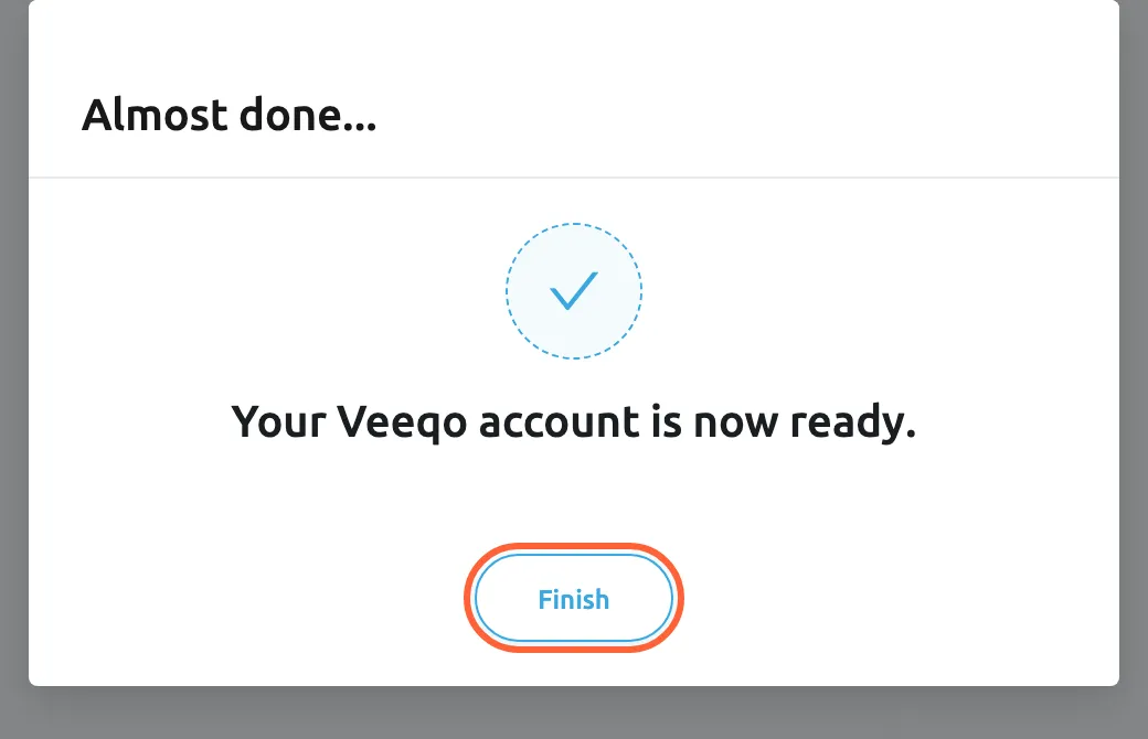 The Almost done... dialog on the page Veeqo returns you to after you approve Replyco. A check mark in a dashed circle sits above the message "Your Veeqo account is now ready." The Finish button is highlighted; selecting it takes you to the Replyco home page.