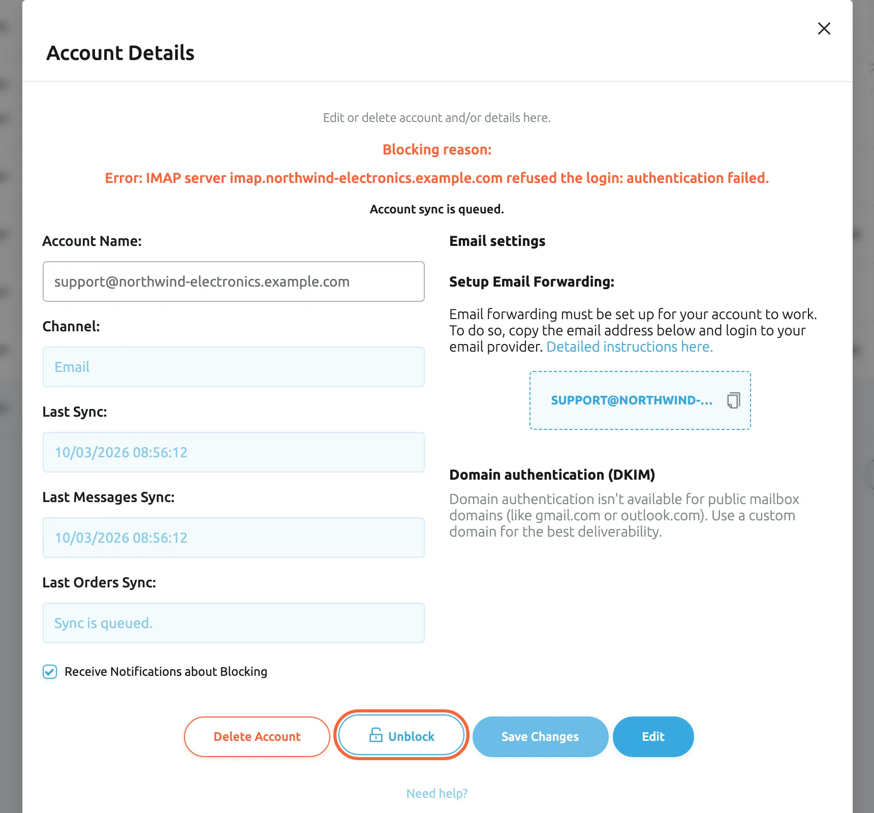The Account Details dialog of the blocked mailbox support@northwind-electronics.example.com. After "Blocking reason:" red text starting with "Error:" says the IMAP server refused the login. The fields, the Receive Notifications about Blocking check box and the Email settings column follow. At the bottom are Delete Account, the highlighted Unblock button with an open-lock icon, Save Changes and Edit. Unblock lets Replyco try again at once; the account is blocked again if the cause remains.