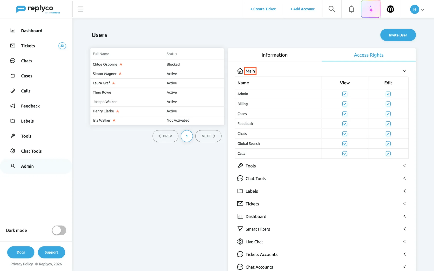 The Access Rights tab of Simon Wagner on the Users screen. The Main section is expanded and highlighted. Its table has the columns Name, View and Edit and one row each for Admin, Billing, Cases, Feedback, Chats, Global Search and Calls; every row has View and Edit ticked. Below it the collapsed sections Tools, Chat Tools, Labels, Tickets, Dashboard, Smart Filters, Live Chat, Tickets Accounts and Chat Accounts follow, each opened by selecting its title.