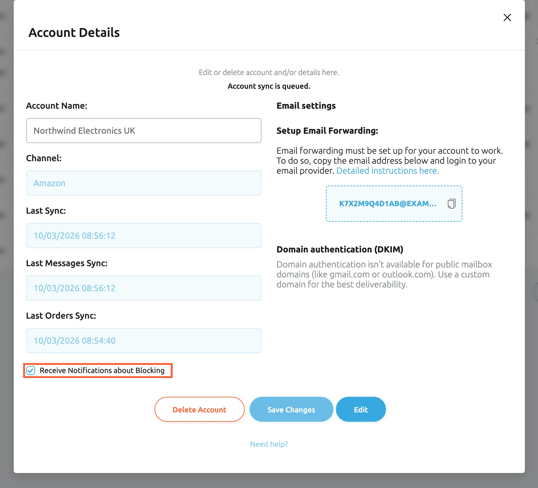 The Account Details dialog of the Amazon account Northwind Electronics UK, opened from Admin, Accounts. In the left column, below Account Name, Marketplace and the three read-only sync times, the highlighted check box Receive Notifications about Blocking is ticked, as it is for every new account. The right column shows the Email settings. At the bottom are Delete Account, Save Changes, which turns blue after a change, and Edit.