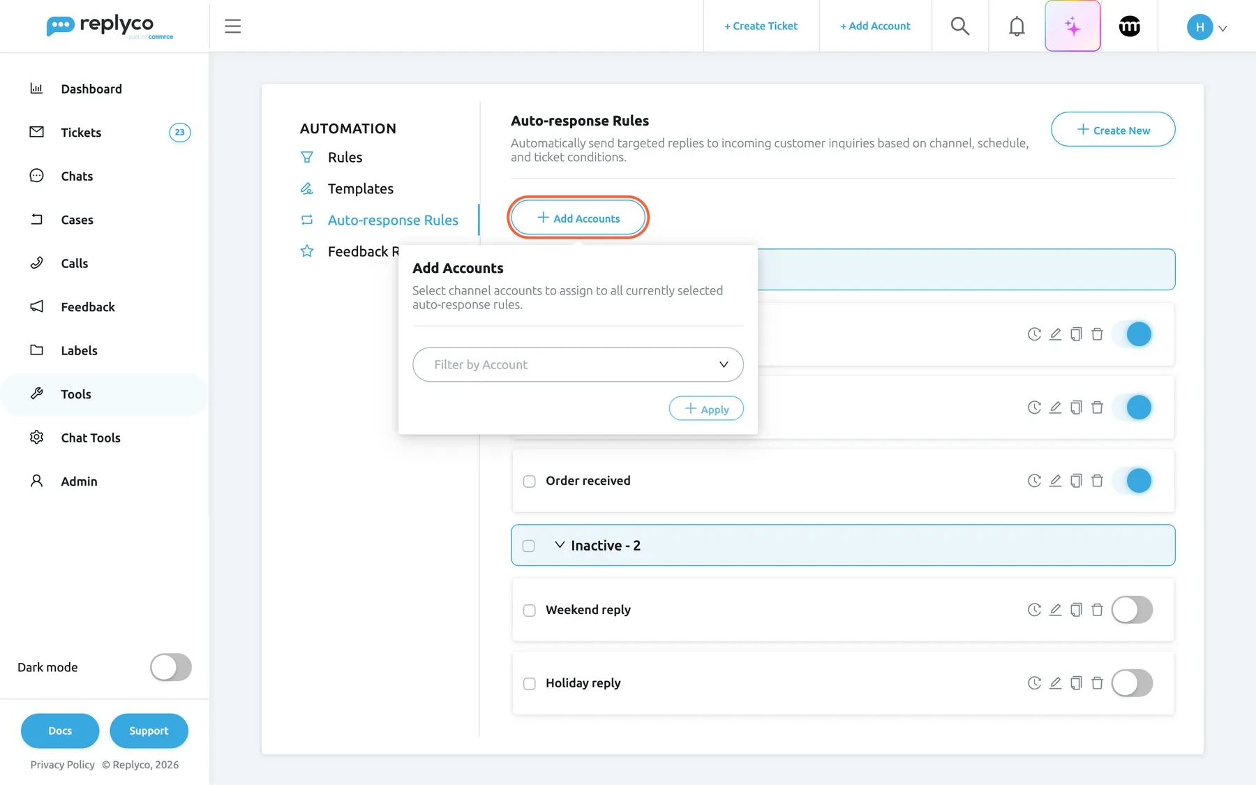 The Auto-response Rules tab after ticking the first two rules of the Active group. Above the list the highlighted Add Accounts button has opened a panel that covers the ticked cards: its heading Add Accounts, the explanation "Select channel accounts to assign to all currently selected auto-response rules.", the field Filter by Account and the Apply button, which stays disabled until an account is picked. Below the panel the card "Order received" and the Inactive group with "Weekend reply" and "Holiday reply" stay visible.