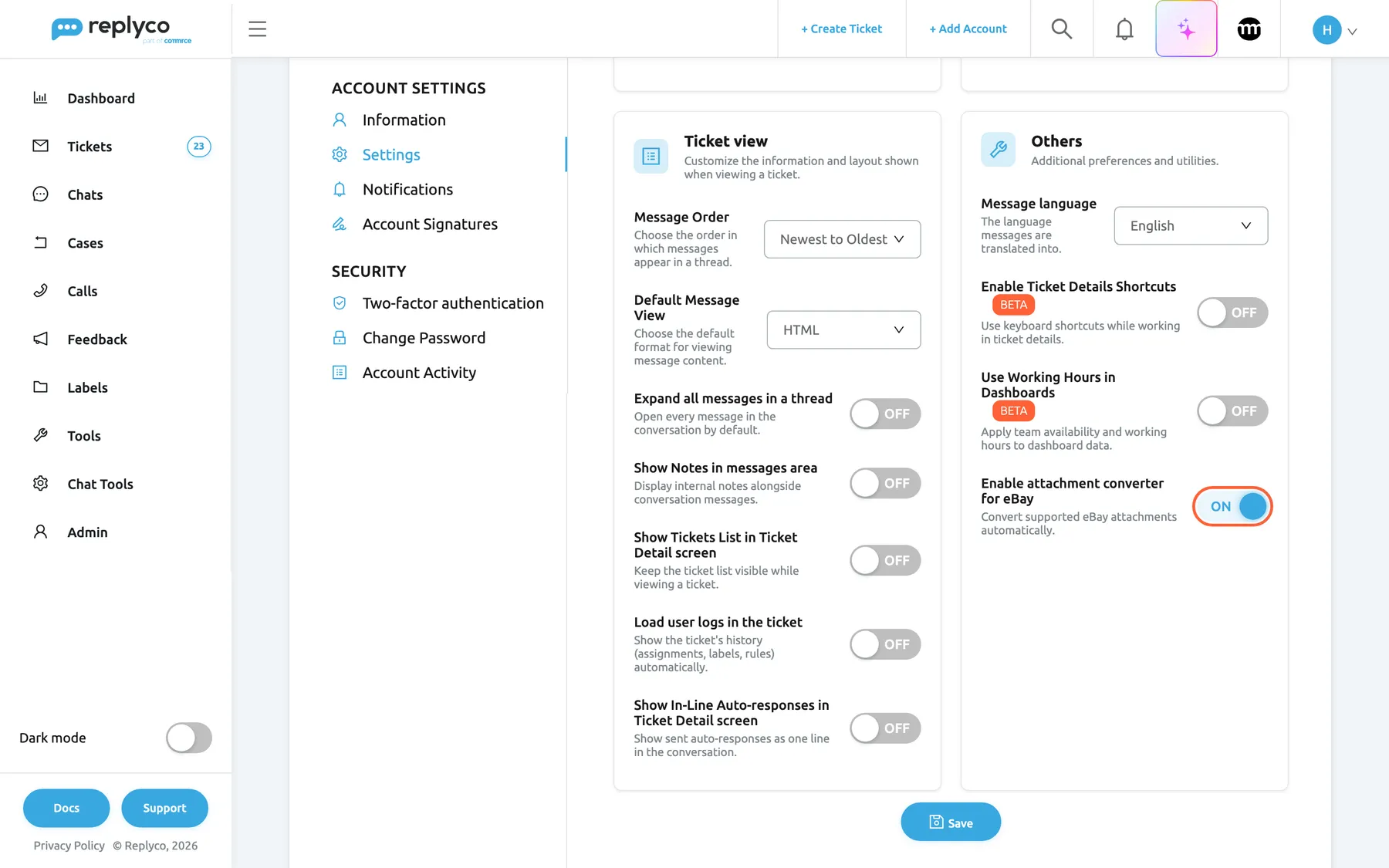 The Settings tab of Account Settings in Replyco, scrolled to the Others card at the bottom, described as Additional preferences and utilities. The card lists Message language, Enable Ticket Details Shortcuts and Use Working Hours in Dashboards, both marked BETA, and last Enable attachment converter for eBay with the description Convert supported eBay attachments automatically. That switch is highlighted and was just turned on, so the Save button has appeared at the bottom. After you save, the PDFs and images you attach to replies on eBay tickets are converted for eBay, for your user only.