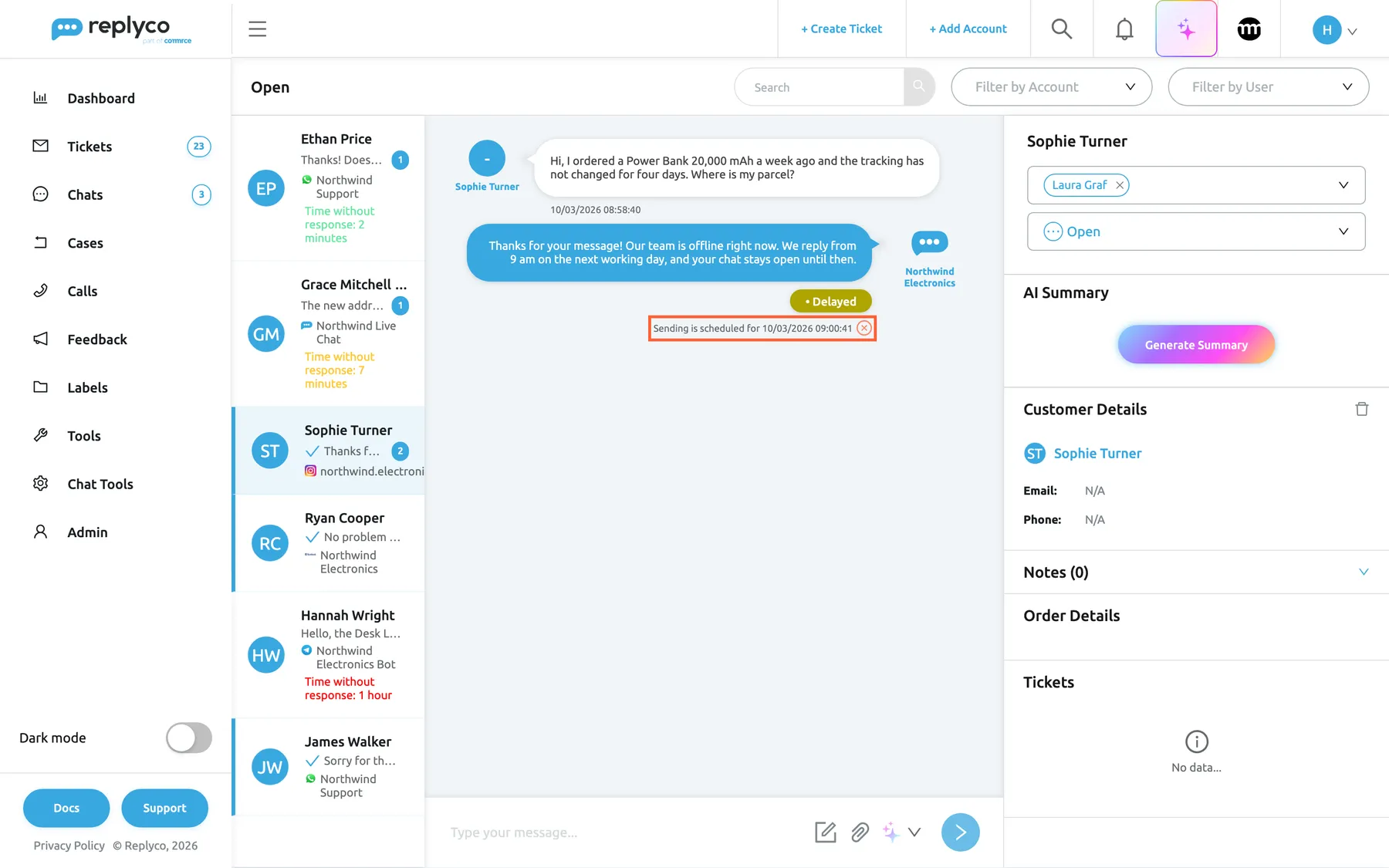An Instagram chat with Sophie Turner open under Chats, Open in Replyco. Her message from 08:58:40 asks where her Power Bank 20,000 mAh is. Below it on the right, the reply "Thanks for your message! Our team is offline right now..." has a yellow Delayed badge. The highlighted line under it reads "Sending is scheduled for 10/03/2026 09:00:41" with a red cross that cancels the reply. The side panel shows Laura Graf as assignee and the status Open.
