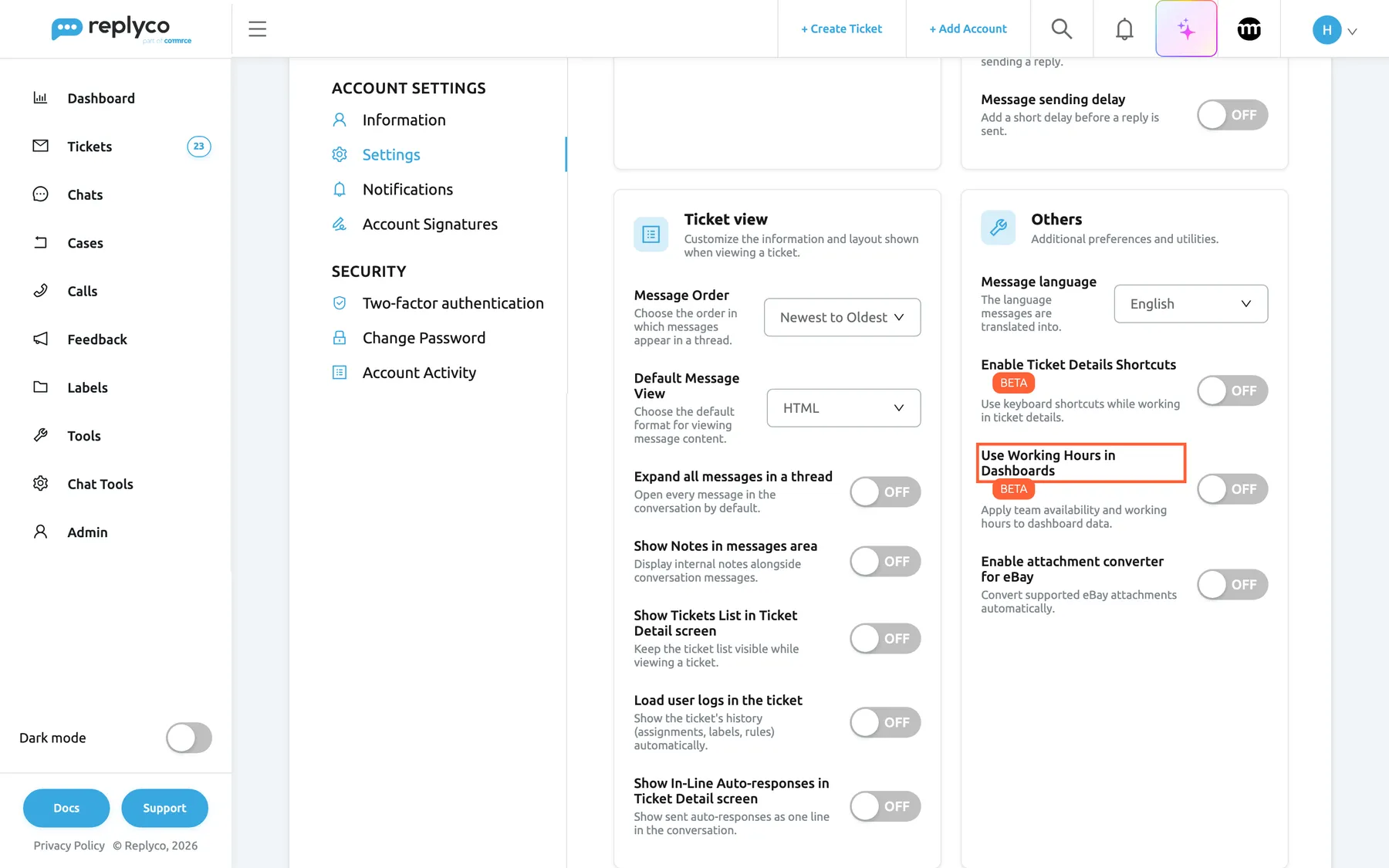 The Settings tab of Account Settings in Replyco, with the Others card on the right. Its switch Use Working Hours in Dashboards is highlighted; it carries a red BETA label, the helper text "Apply team availability and working hours to dashboard data." and is OFF. Around it are Message language, Enable Ticket Details Shortcuts and Enable attachment converter for eBay. Turned on and saved, it makes every dashboard open in working hours for this user.