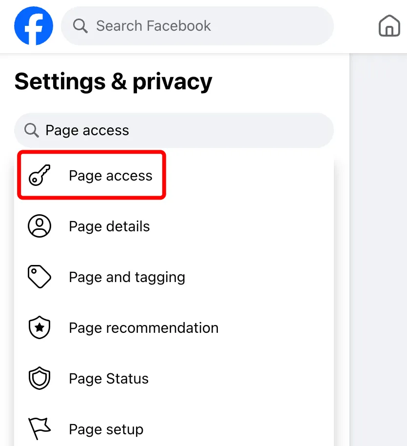 Facebook's "Settings & privacy" page for the business page. "Page access" is typed into the search field below the heading, and the results list opens under it. The first result, "Page access" with a key icon, is framed in red; the other results are Page details, Page and tagging, Page recommendation, Page Status and Page setup. Select Page access to see who has access to the page.