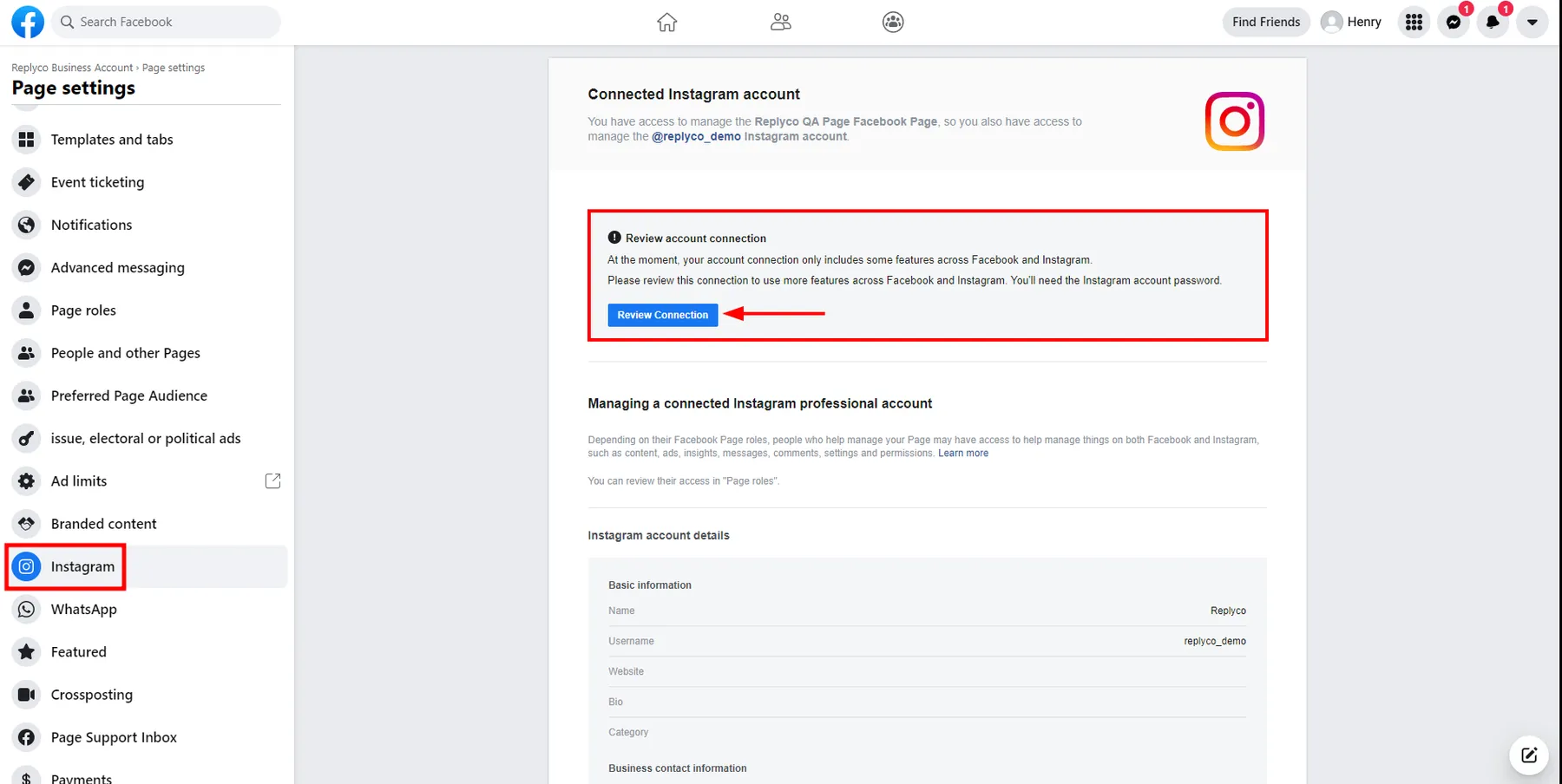 Facebook's Page settings on the Instagram tab after the Instagram account is linked. The heading "Connected Instagram account" names the Facebook page and the Instagram account it manages. Below, the notice "Review account connection", framed in red, says the connection only includes some features across Facebook and Instagram and asks you to review it, which needs the Instagram account password; an arrow points at its blue "Review Connection" button. Further down are "Managing a connected Instagram professional account" and the Instagram account details: name, username, website, bio and category.
