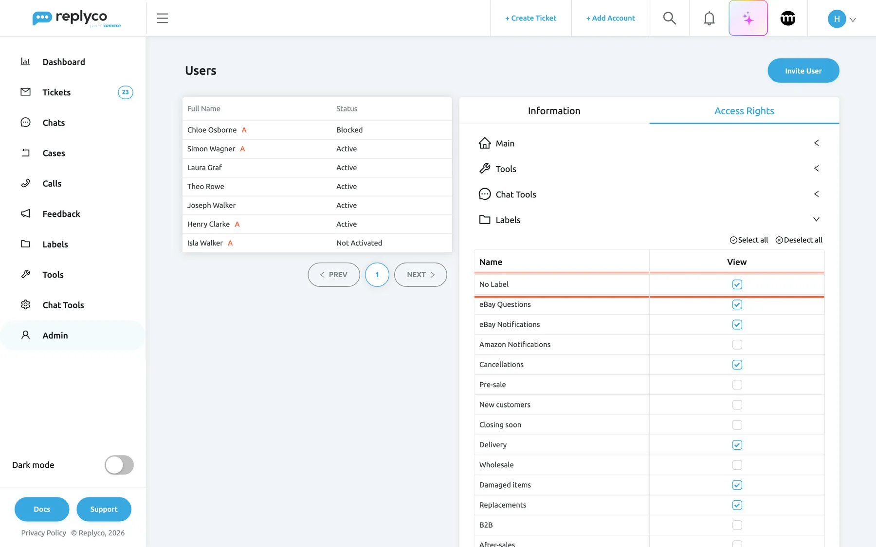 Simon Wagner's Access Rights tab with the Labels section expanded, below the collapsed sections Main, Tools and Chat Tools. Above the table, with the columns Name and View, are the links Select all and Deselect all. The first row, No Label, is highlighted and ticked, so Simon also sees tickets that carry no label. Below it the company's labels are listed, with the eBay queue ticked, such as eBay Questions, eBay Notifications, Cancellations, Delivery, Damaged items and Replacements, while Amazon Notifications, Pre-sale and Wholesale are clear.