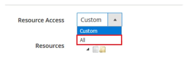 The API tab of the new integration in the Magento 2 admin. The Resource Access drop-down is open and shows its two choices, Custom, which is the current value, and All, which is outlined in red. Below the drop-down begins the Resources tree, used only when you pick individual resources. Choosing All gives the integration access to every resource of the store's API, so the token can read the orders, products and customers Replyco imports.