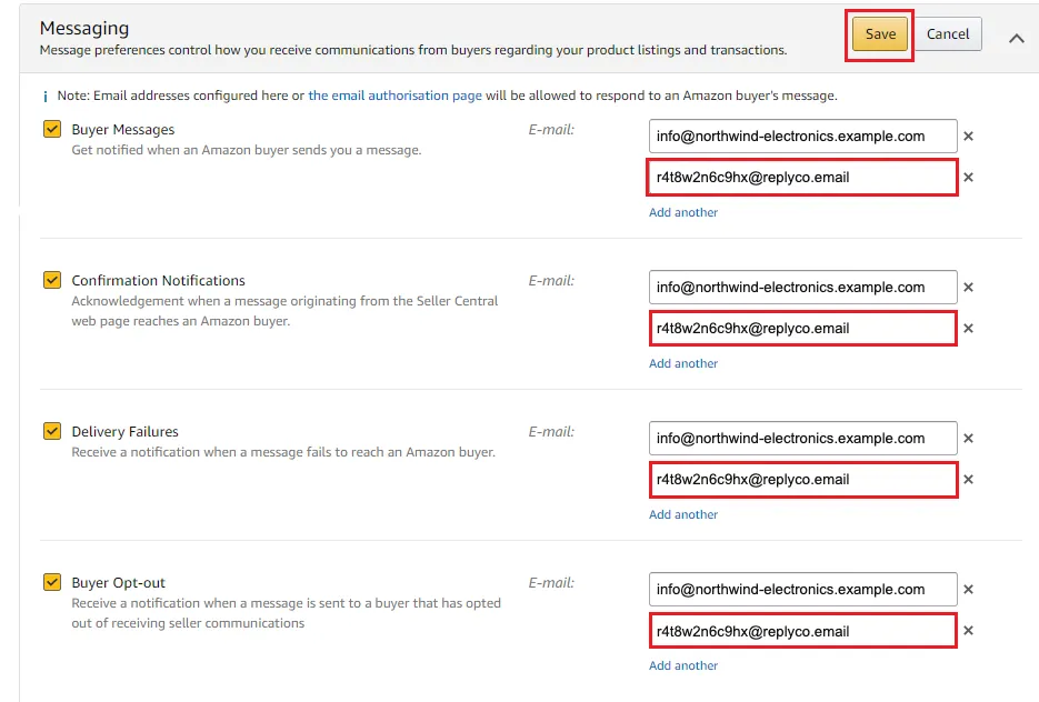 The Messaging section of Notification Preferences in Seller Central, opened with Edit. A note says that email addresses configured here or on the email authorisation page will be allowed to respond to an Amazon buyer's message. Four message types are ticked: Buyer Messages, Confirmation Notifications, Delivery Failures and Buyer Opt-out. Each keeps its existing address and has a second box, added with the Add another link below it; the second boxes are outlined in red and hold the Replyco address. The Save button at the top right, next to Cancel, is outlined in red too.