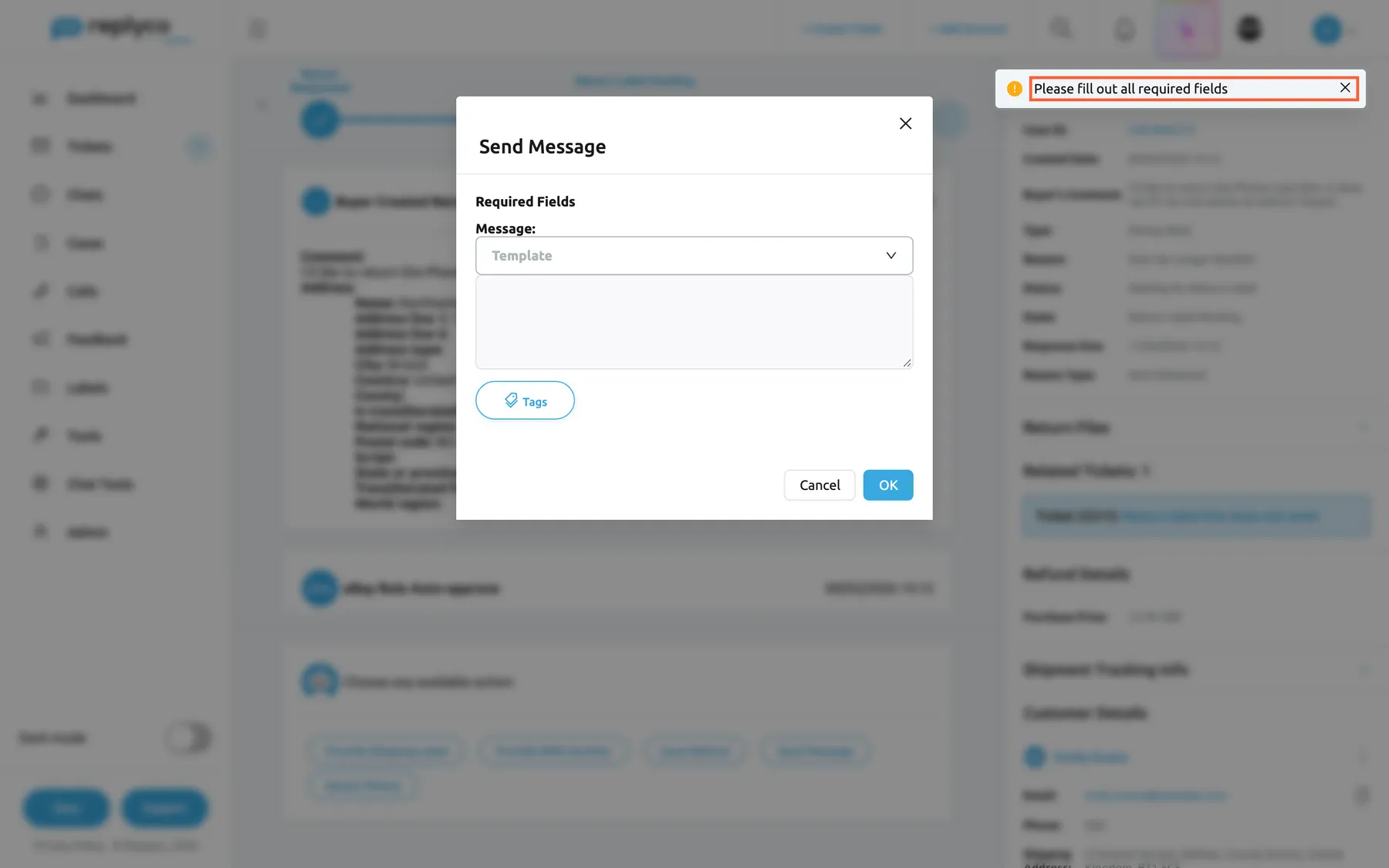 The Send Message form of eBay return 5301846219 after OK was selected with the Message box empty. Nothing was sent: a yellow warning in the top right corner, highlighted, reads "Please fill out all required fields", and the form stays open with the Template select, the empty Message box, the Tags button, Cancel and OK. Required fields left empty get a red border; fill them and select OK again.