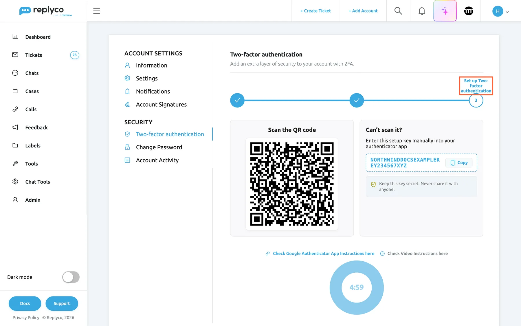 Step 3 of resetting two-factor authentication. The progress bar shows steps 1 and 2 ticked, and the label of the third step, Set up Two-factor authentication, is highlighted. Below are the panels Scan the QR code, with a new QR code, and Can’t scan it?, with the example setup key NORTHWINDDOCSEXAMPLEKEY234567XYZ, a Copy button and the notice to keep the key secret. Under the instruction links a round countdown clock starts at five minutes; when it runs out, Replyco signs you out so you sign in with the new code.