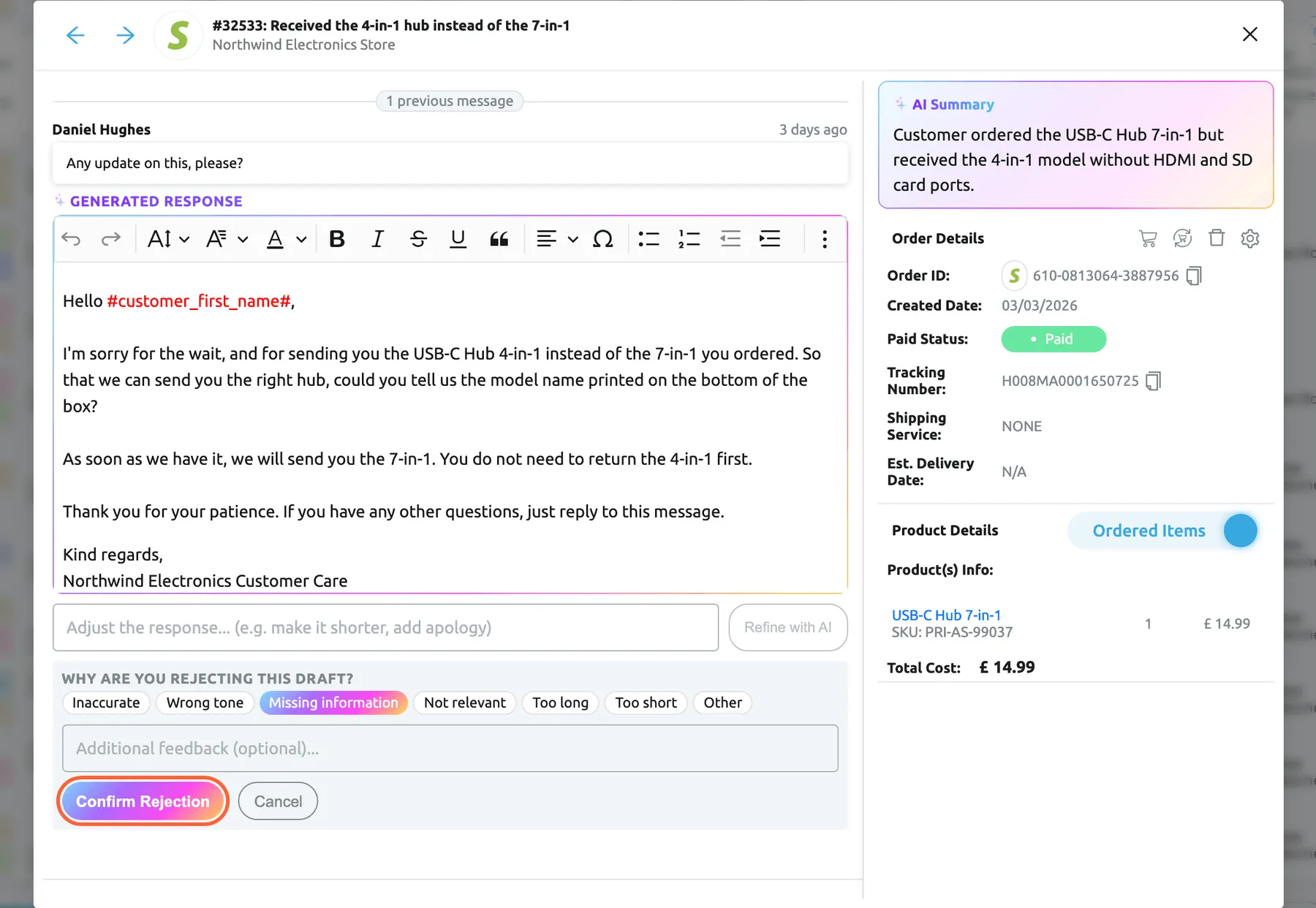 The AI Draft Response window for ticket #32533 "Received the 4-in-1 hub instead of the 7-in-1" from the account Northwind Electronics Store, opened from the ticket list, after Reject & Next was selected. On the left, under the pill "1 previous message", are the customer's latest message "Any update on this, please?" and the Generated response: a greeting with the #customer_first_name# tag, an apology, a request for the model name printed on the box, a closing paragraph and the account signature. Below it, "Why are you rejecting this draft?" lists seven reasons with Missing information selected, an optional feedback field, and the highlighted Confirm Rejection button next to Cancel. The right side shows the AI Summary, Order Details and Product Details.
